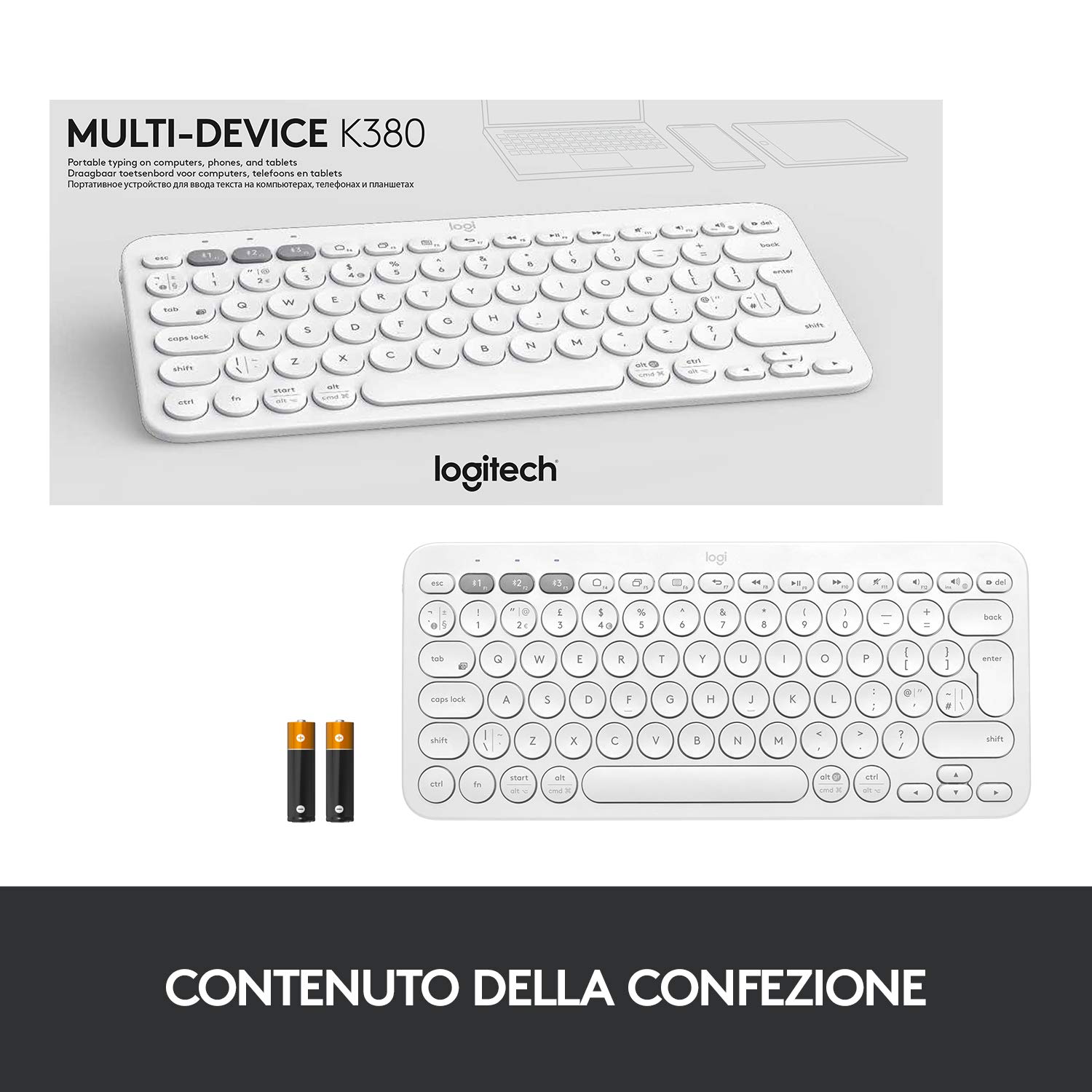 Logitech K380 Tastiera Bluetooth Multidispositivo per Windows | Apple iOS, ‎Bluetooth Wireless, Design Compatto, PC/Mac/Laptop/Smartphone/Tablet, Layout Italiano ‎QWERTY, Bianco