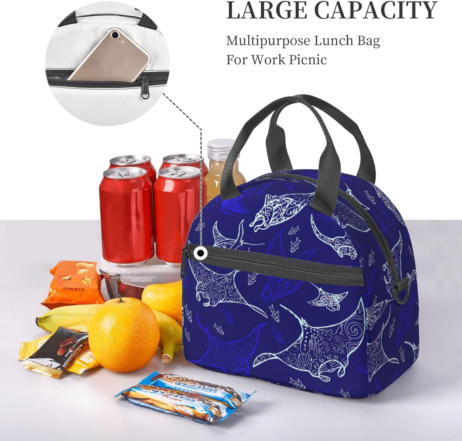 Manta Ray and Fish Print Reusable Lunch Bag Insulated Lunch Boxes for Office Work Picnic Tote Bag Adjustable