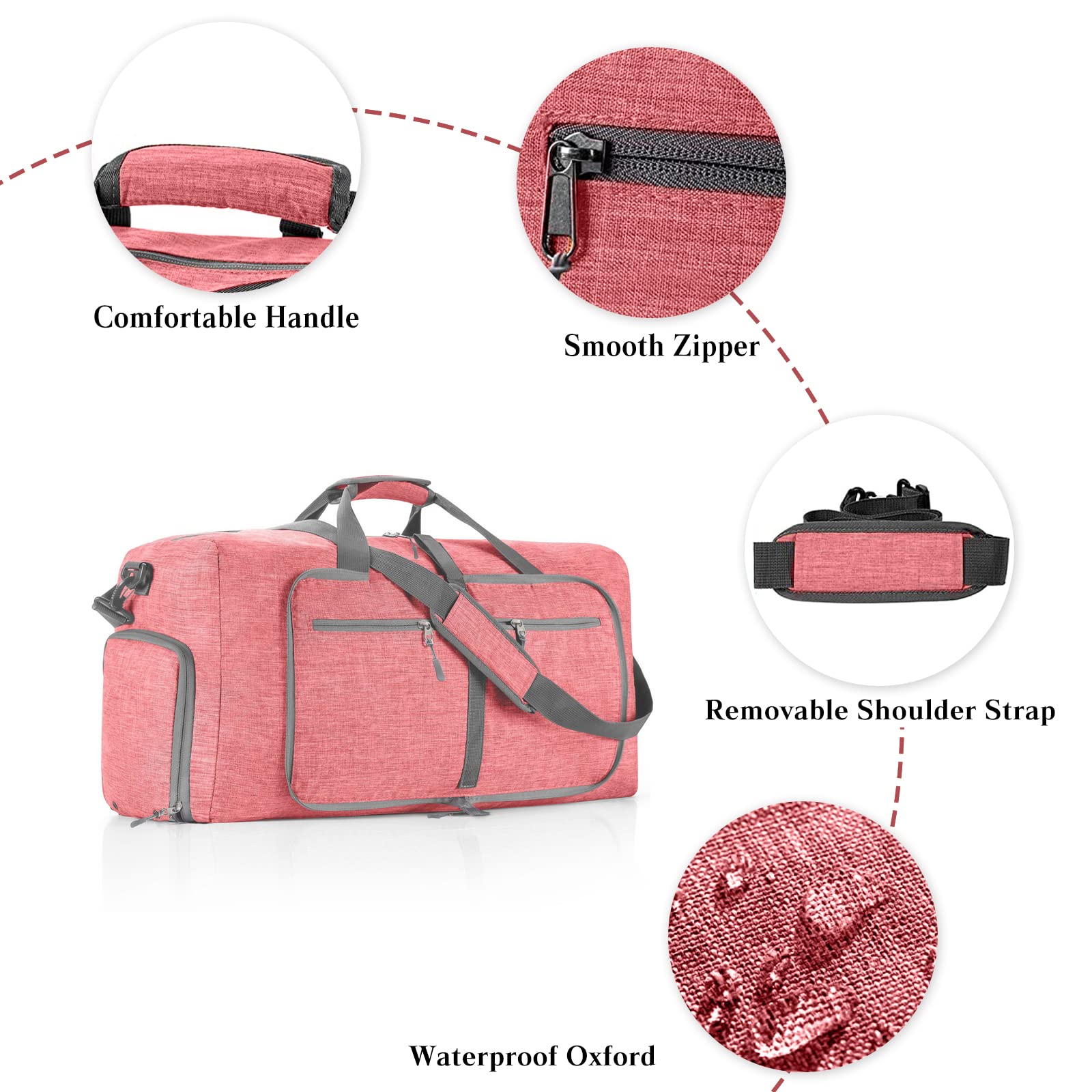 CORIOS Reisetaschen Duffle Bag für Herren/Damen 85L Faltbare Sporttasche Fitnesstasche Schwimmtasche Handgepäck mit Schuhfach Kabinenreisetasche Weekender Übernachtung Tasche Trainingstasche Rosa