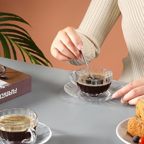 Miniatura 5 de Juego de 6 tazas de té y platillos de vidrio, tazas de café transparentes con cuchara de acero inoxidable, tazas de té aptas para lavavajillas y