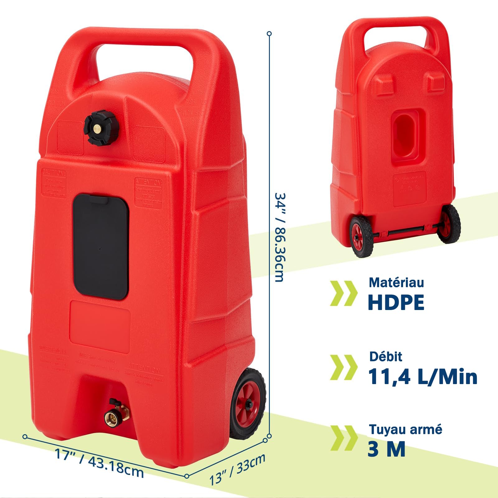 57L Réservoir Carburant Avec Roues, Jerrican Essence Avec Tuyau 3 m, Rouge