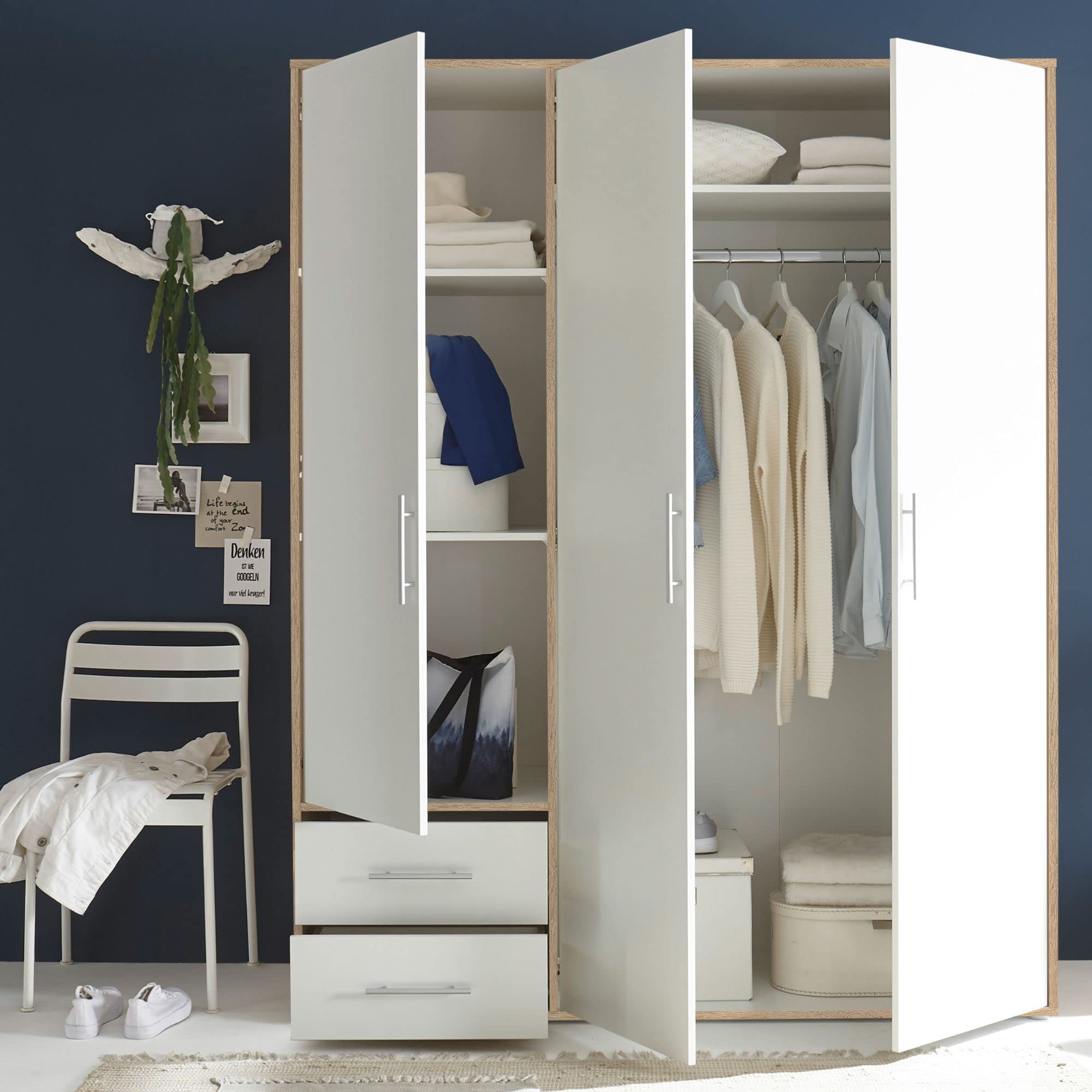 VALENCIA, Armadio effetto rovere Sonoma, bianco, a 3 ante molto capiente, versatile con ante a battente, per la vostra camera da letto, 155 x 195 x 60 cm, L x A x P