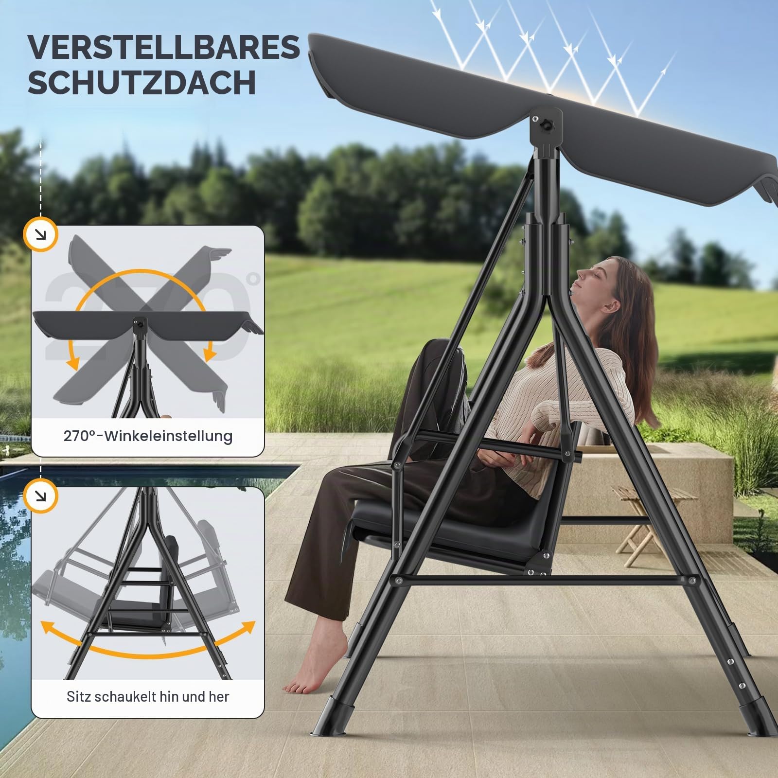Gartenschaukel Hollywoodschaukel 3-Sitzer mit Verstellbarem Sonnendach｜Schaukelbank Ergonomisches Wetterfest｜Gartenliege Schaukelbank Ideal für Garten und Terrasse, einfache Montage｜Beige