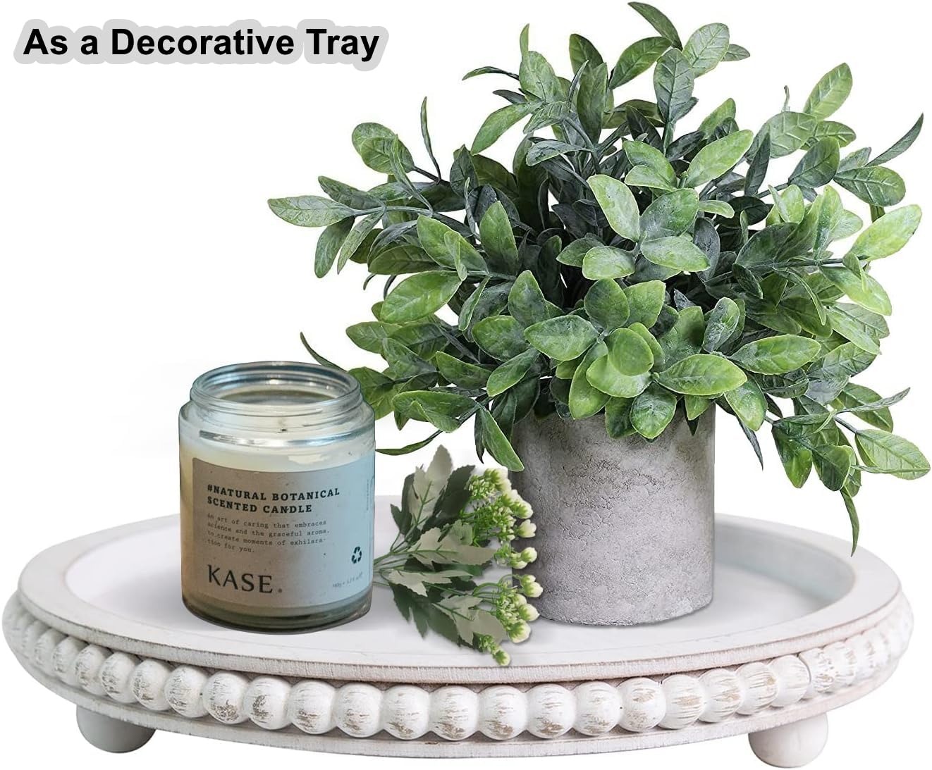 GenMous & Co. Rustic Wood Beaded 2 Tiered Tray Stand For Farmhouse Kitchen Table Decor, Rustic White Two Tiered Serving Tray For Food Fruits Cupcakes Display Coffee Bar Home Party Seasonal Decorations