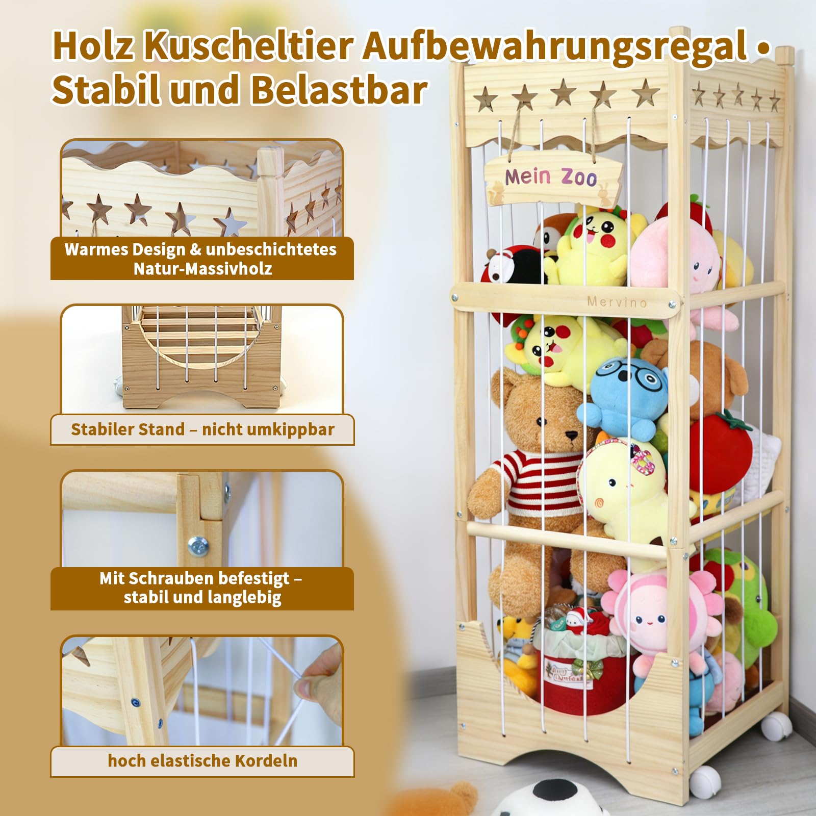 Mervino Holz Kuscheltier Aufbewahrung, mit Gummis & Rollen | Stofftier Aufbewahrung für Kinderzimmer & Spielzimmer, mit Gummis & Rollen, Massivholz, platzsparend