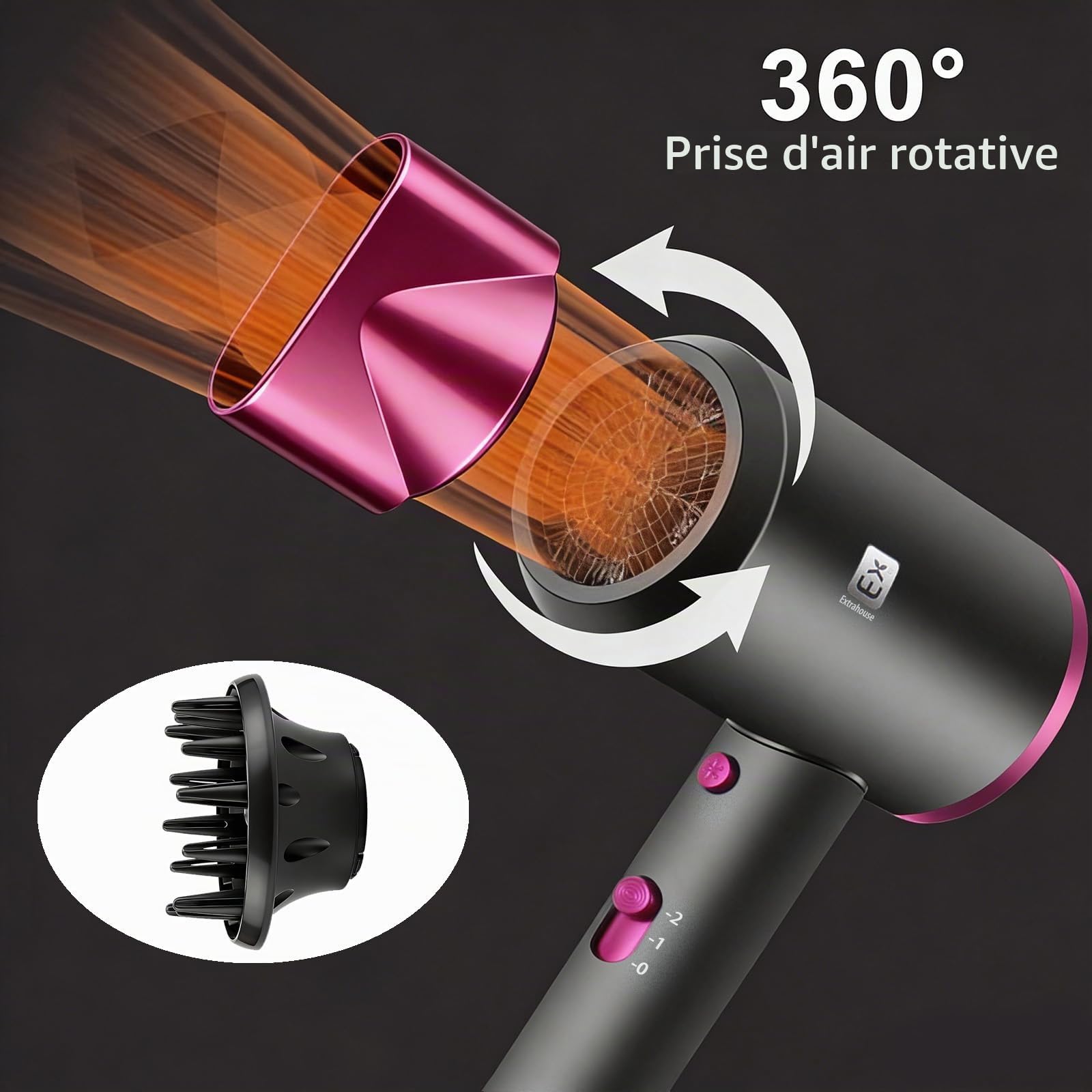 Sèche-cheveux Professionnel 2000 W, Moteur DC, 2 Embouts (Buse de Coiffage et Diffuseur), 2 Vitesses, Réglages de Température, Protection contre la Surchauffe, Sèche-cheveux de Voyage