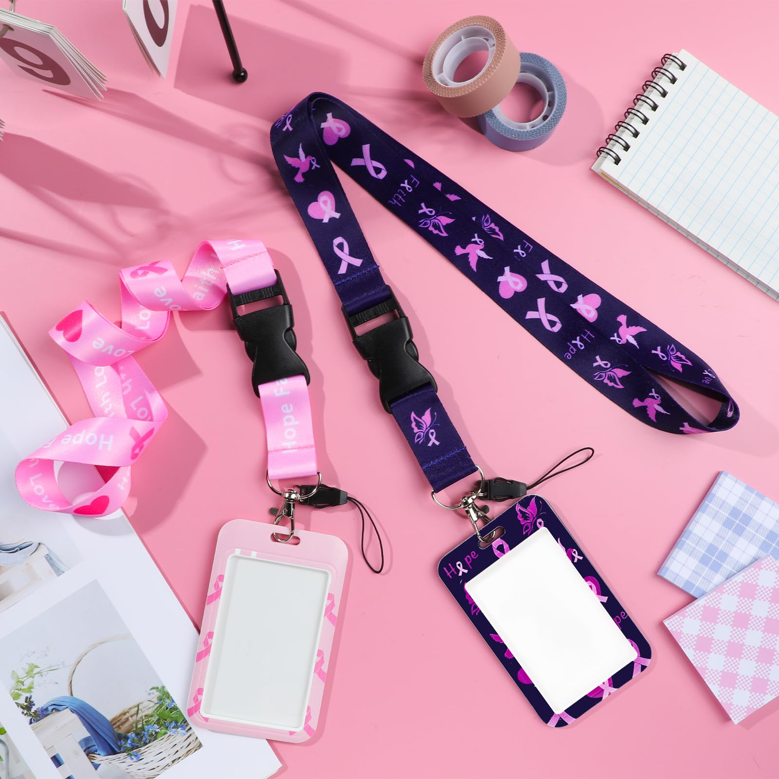 Cordón De Seguridad Para Identificación - Diseño Rosa Cáncer De Mama Con Clip Desmontable Y Soporte Horizontal
