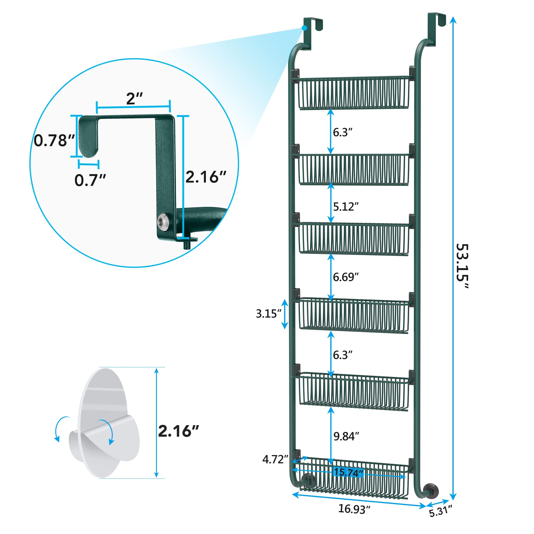 1Easylife 6-Tier Over the Door Pantry Organizer, Heavy-Duty Metal Pantry Door Organizer with 6 Baskets, Hanging Storage Door Organization Kitchen Spice Rack (6x4.72 Width Baskets, Green)