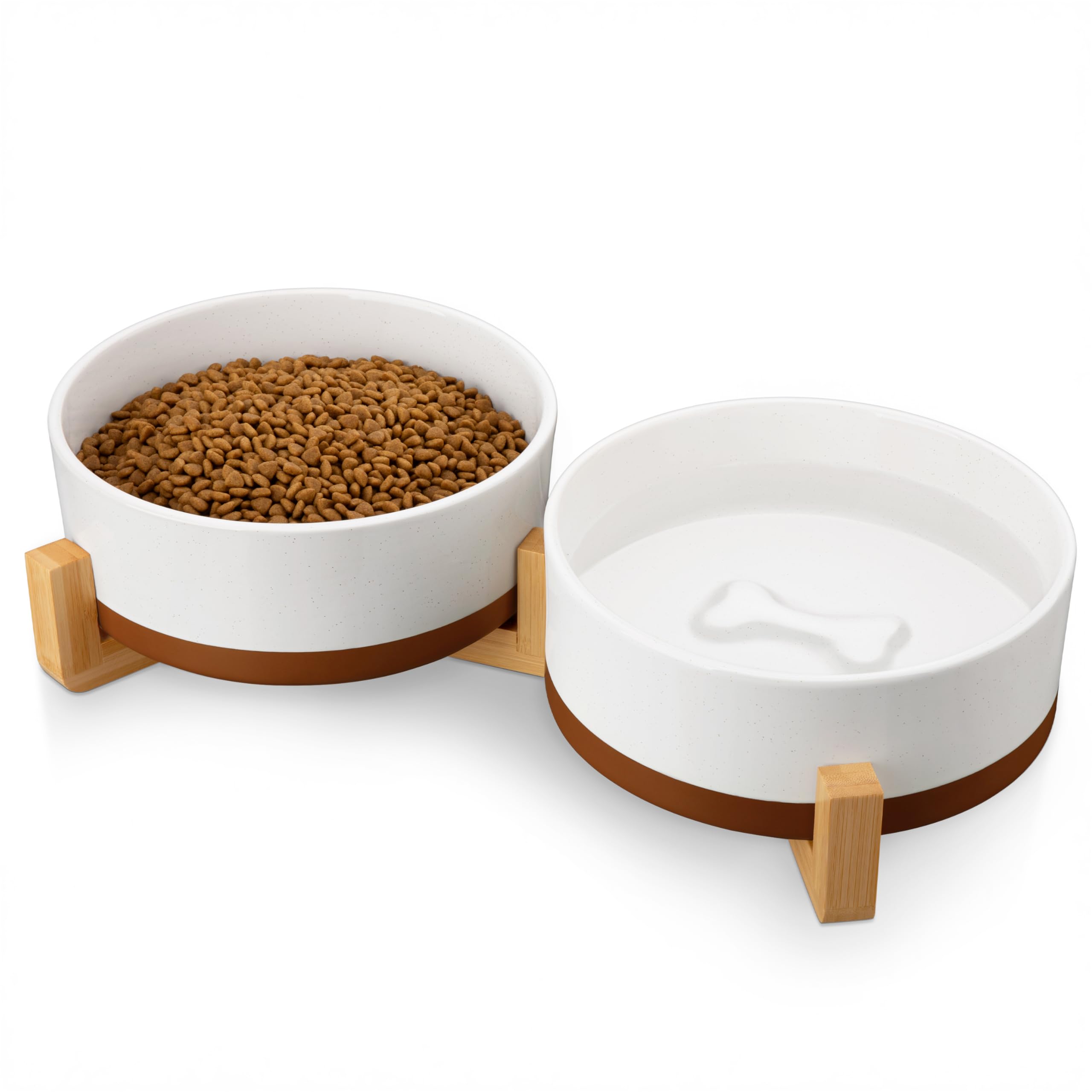 MALACASA Dog Bowls Set with Wooden Stand, 6 Cups Food Water Bowl Set for Medium to Large Size Dogs, Ceramic Pet Bowls with Weighted Non-Slip Base,