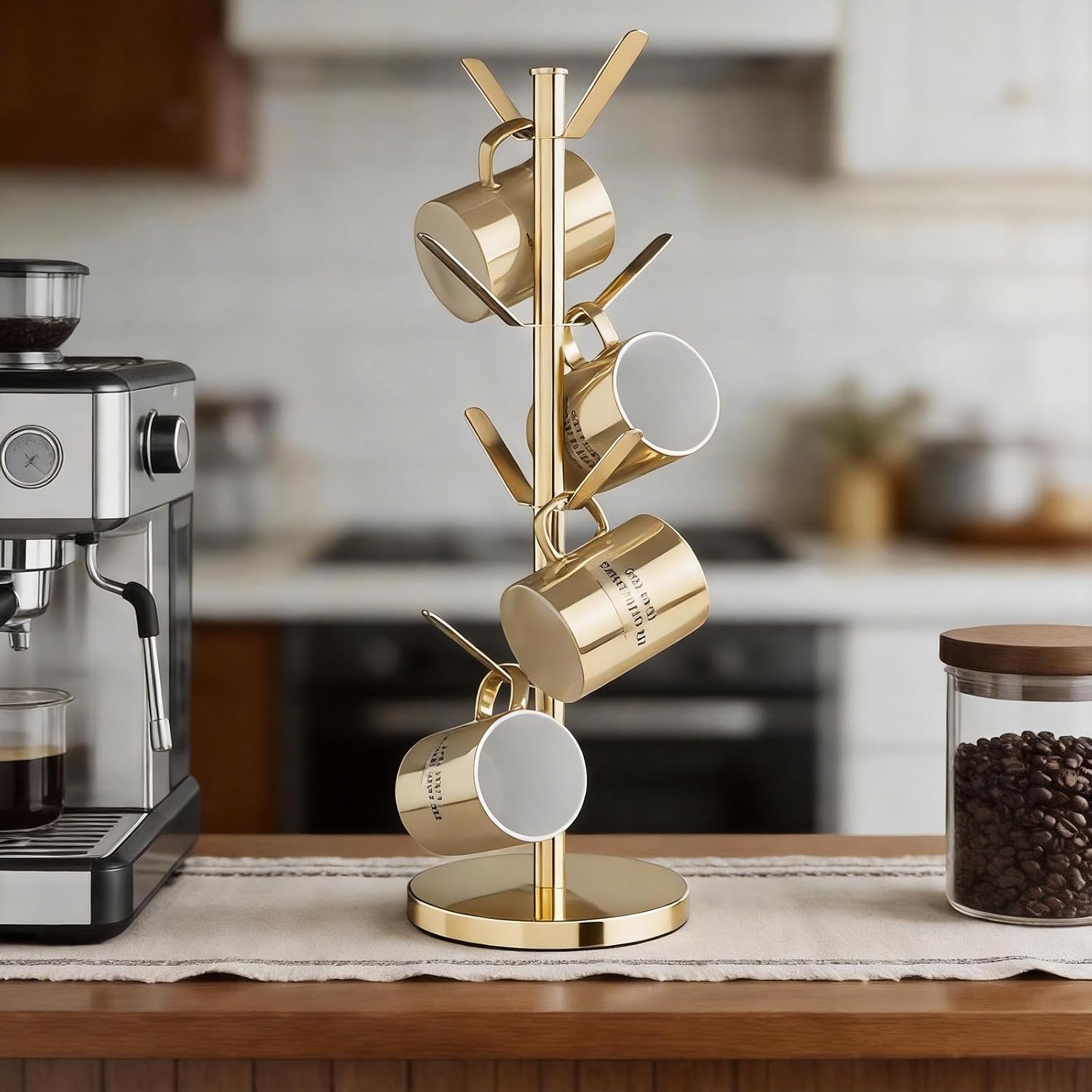 Stainless Steel Mug Holder Tree, Updated Thick Coffee Cup Holder Base, Coffee Cups Stand Mug Holders with 8 Hooks for Countertop Cup Rack Organizer Stand (Gold)