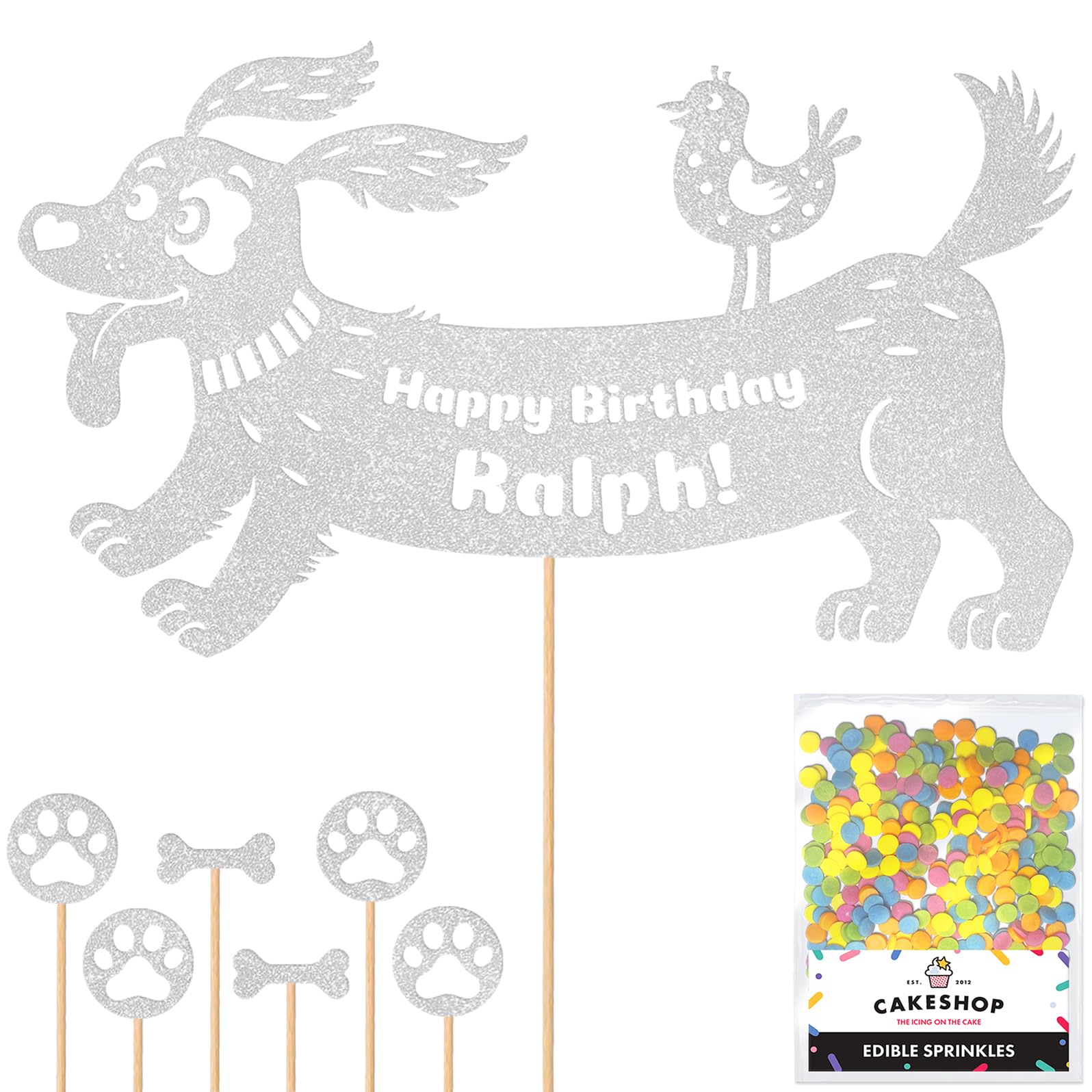 Personalised Birthday Dog Puppy Glitter Cake Topper- Light Silver Any Name & Age Glitter Cake Decoration and Sprinkles - Happy Birthday Decorations - Personalised Toppers for Cakes by Cakeshop — image 1