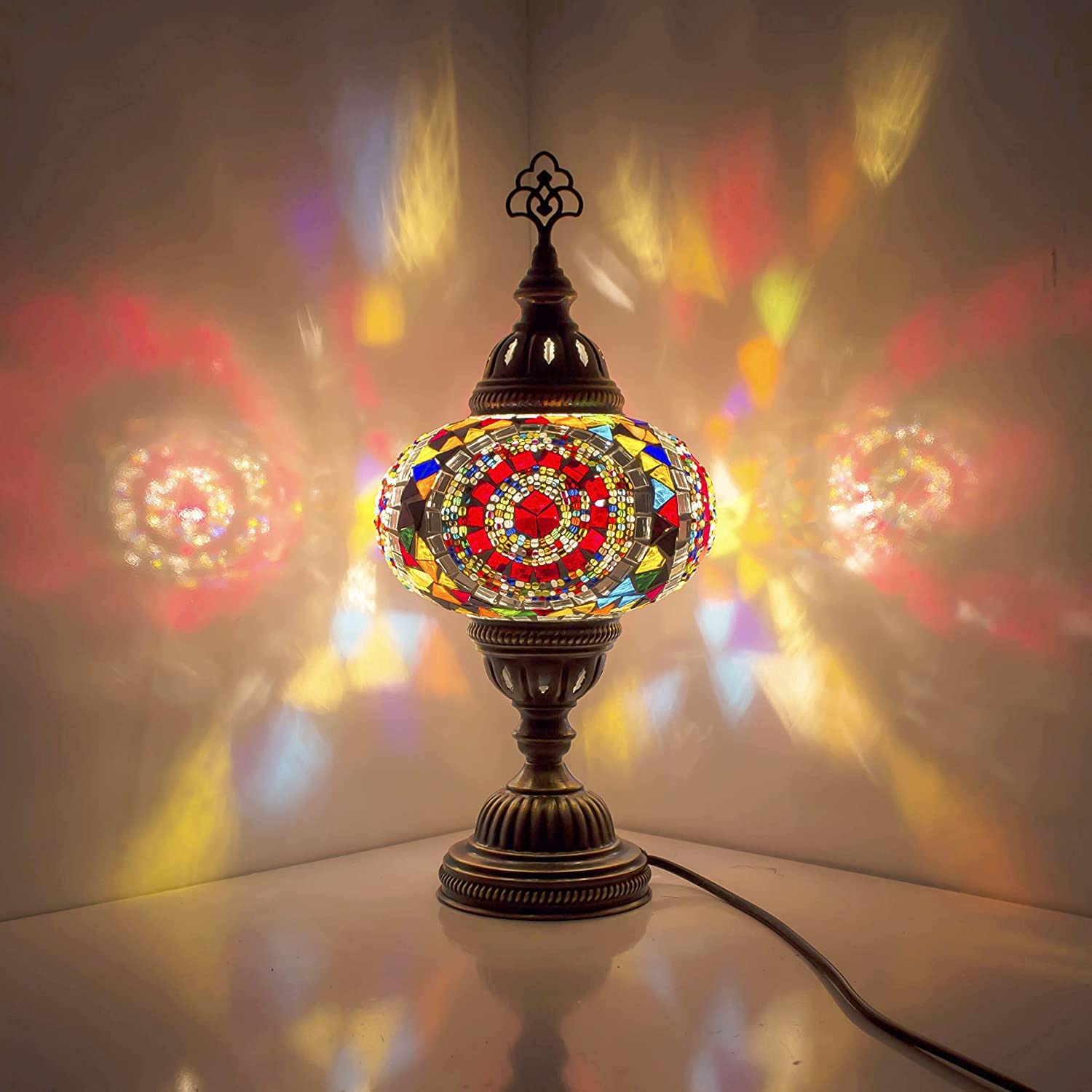 ENVA Turkish Moroccan Style Mosaic Multicoloured Desk Table Lamp, Bronze Base, Unique Light Large Globe (3021)