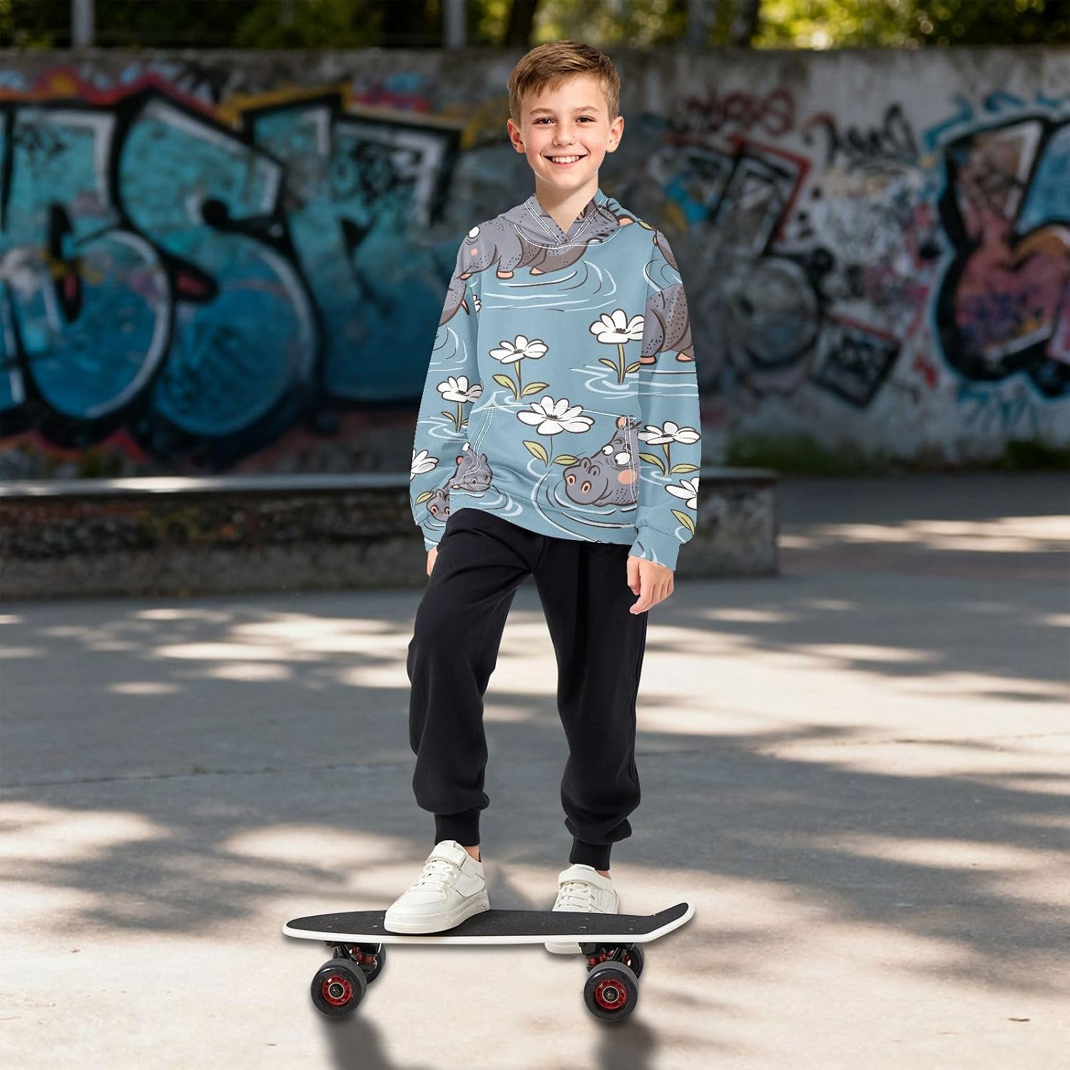 ZZXXB Hippo with Flower Kids Sweatshirts Boys Girls Hooded Kangaroo Pocket Pullover Tops XS-XXL
