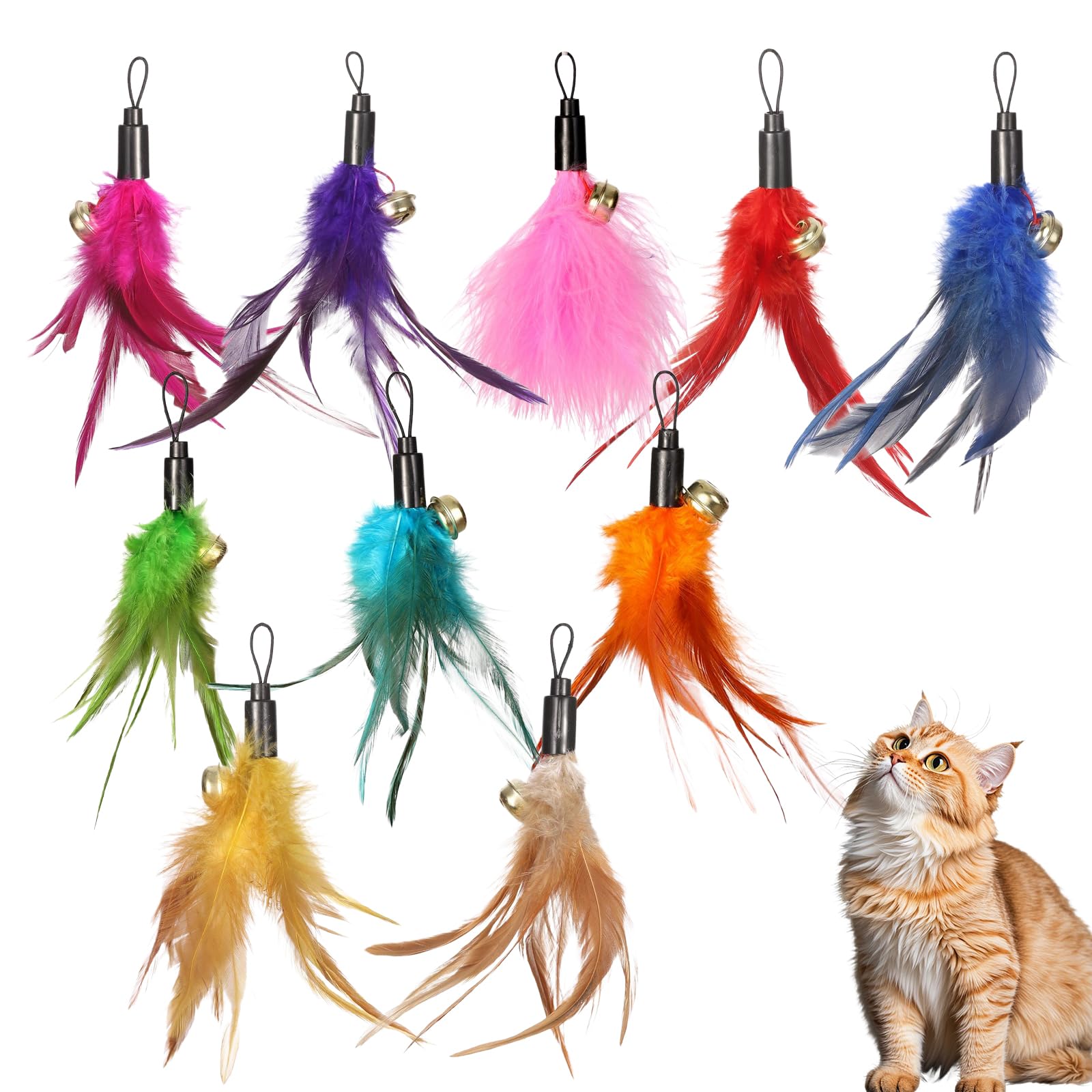 Merzio 10 Pcs Cat Feather Toy Refills with Bells, Colorful Replacement Feathers for Cat Wand, Interactive Teaser Attachments for Indoor Cats Exercise and Play, Compatible with Da Bird Cat Toys