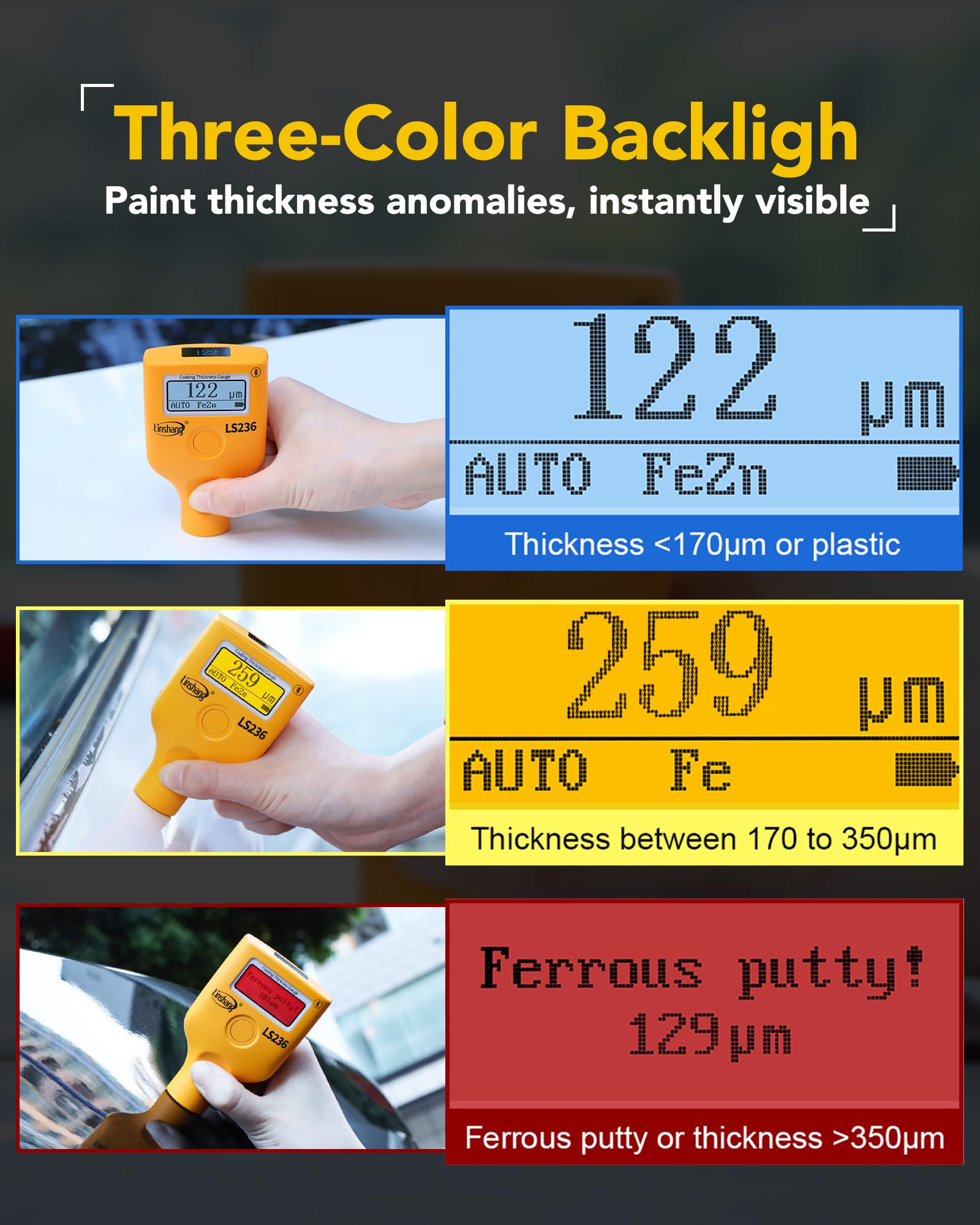 spessore misur Spessimetro Digitale per Vernice Auto, Doppio Display con Rotazione della Lettura, TRE Modalità di Misurazione 0,0-3500 μm, per Fe/AI/Non Metalli(Rubino)