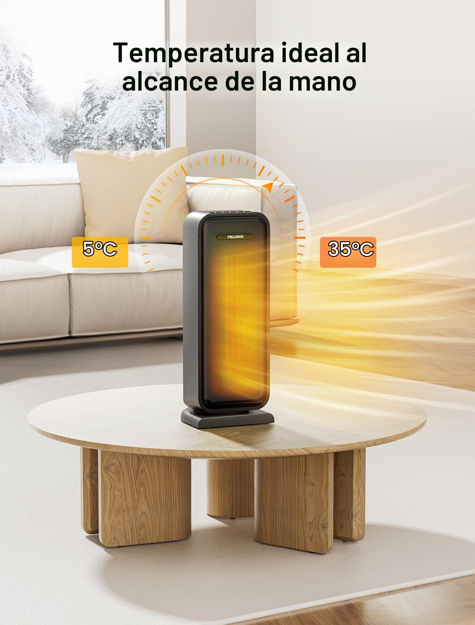 PELONIS Calefactor Eléctrico 2000W Eficiente, Calefactor de Ambiente Compacto Portátil, Cerámica, 2 Ajustes de Termostato, Temporizador 12H, Protección Antivuelco