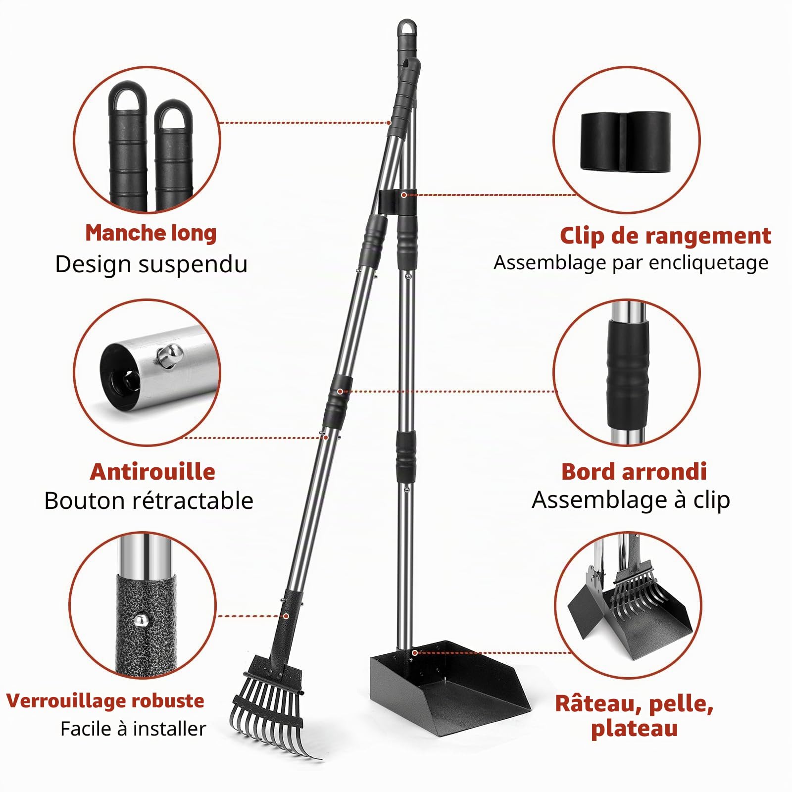 Ramasse crottes pour Chien avec Manche Long de 96 cm – râteau et bac en métal détachables – pour Chiens Grands, Moyens et Petits – Idéal pour Jardin, Herbe, Terre ou Gravier
