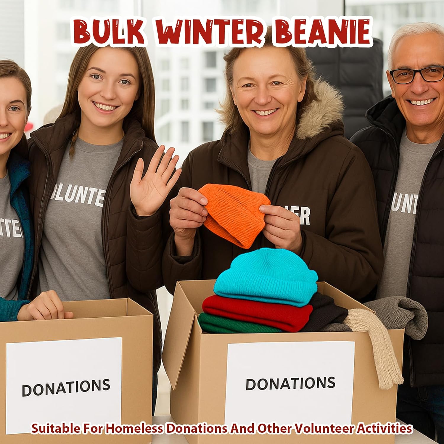 Cutecrop 50 Pack Winter Beanies Bulk Warm Thick Thermal Hat 10 Style Knit Beanies Unisex Hat Homeless Charity Donation Multicolor