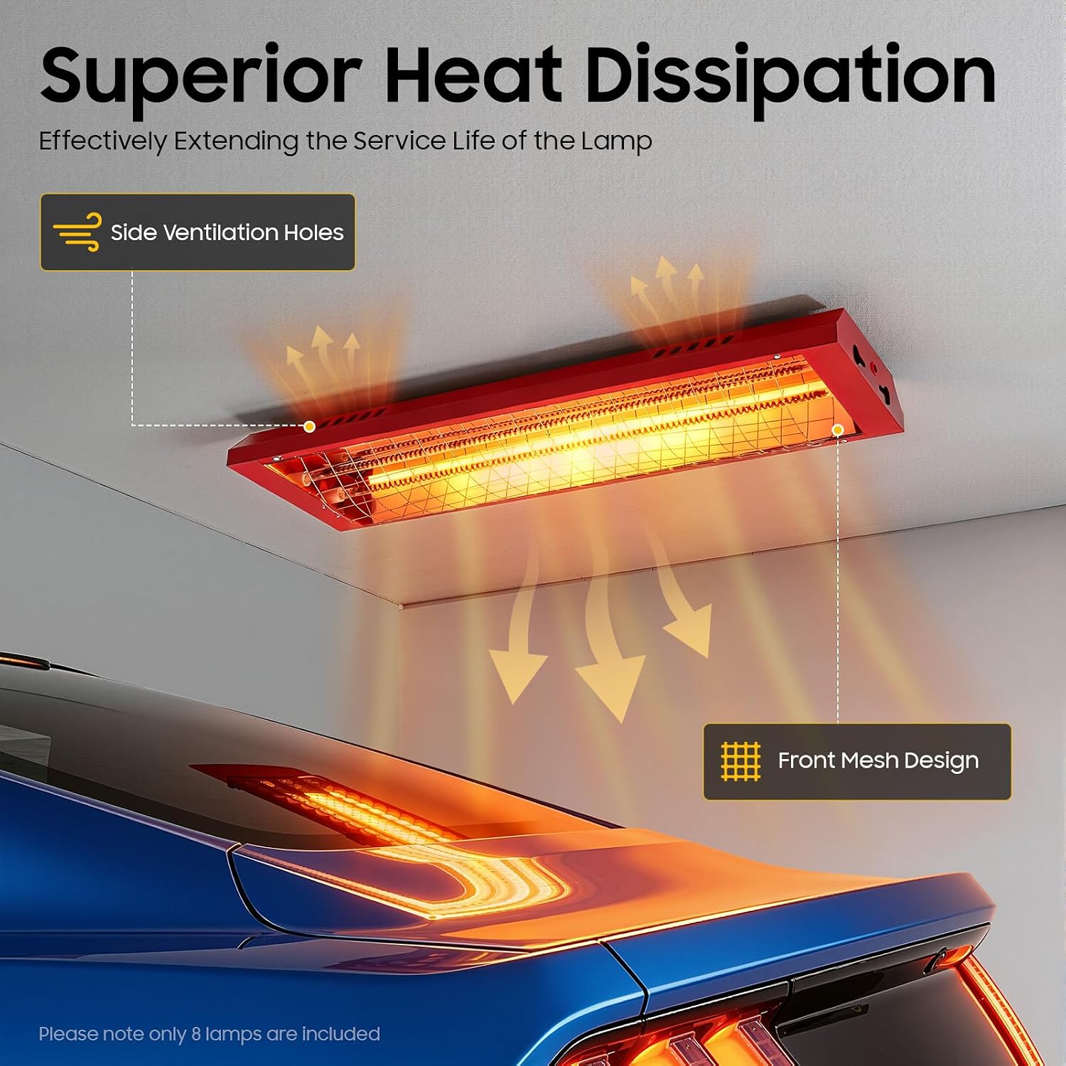 8pcs Baking Infrared Paint Curing Lamp,2000W Auto Heating Car Curing Light w/ Bracket,5.17 sq.ft Area Spray Baking Booth Heaters for Automobile,Furniture Paint Booths,Repair Paint Curing Systems