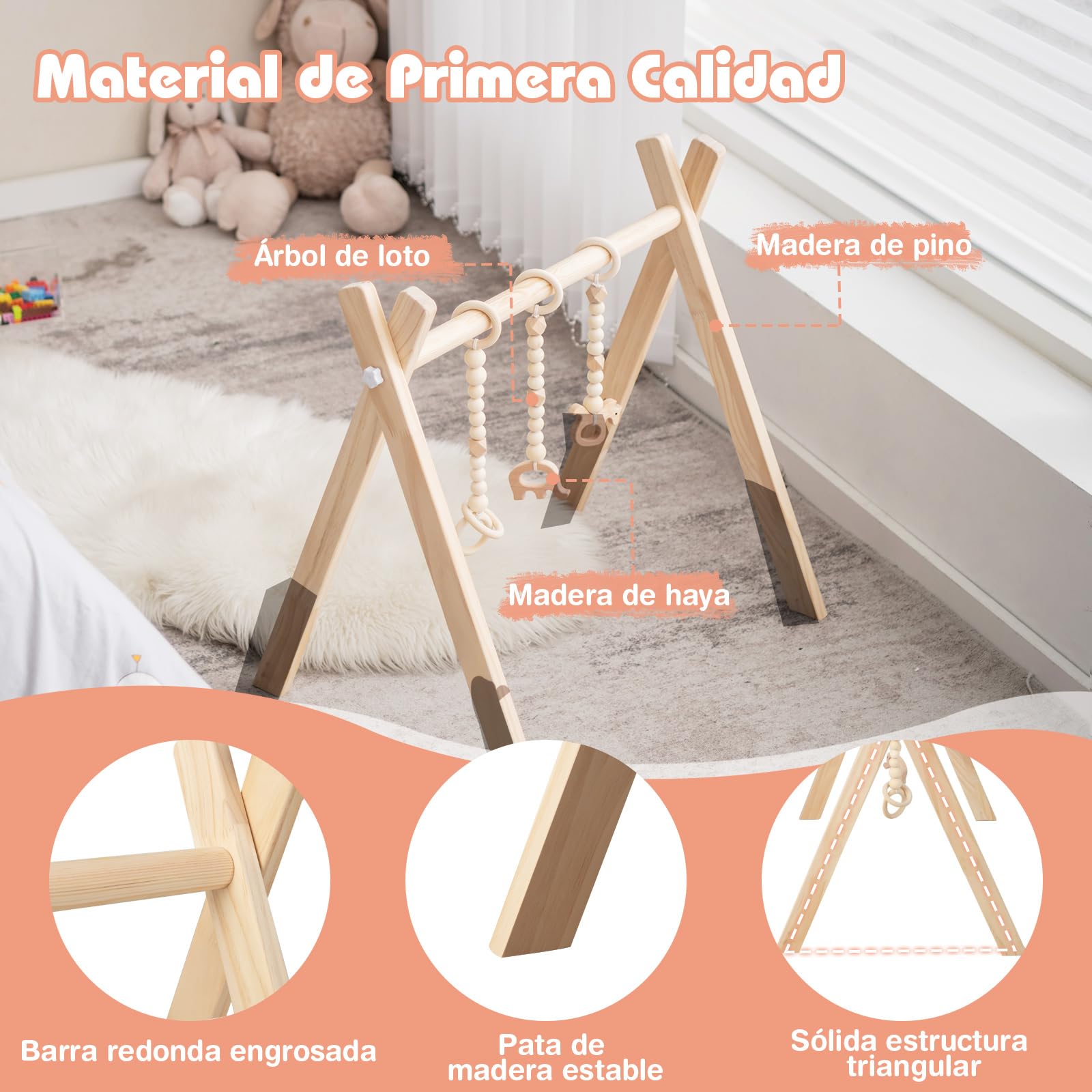 COSTWAY Gimnasio para Bebé de Madera Centro de Actividade con Juguete de Más de 3 Meses, Arco Plegable de Madera para Bebé con 3 Juguetes Extraíbles para Niños (Natural)