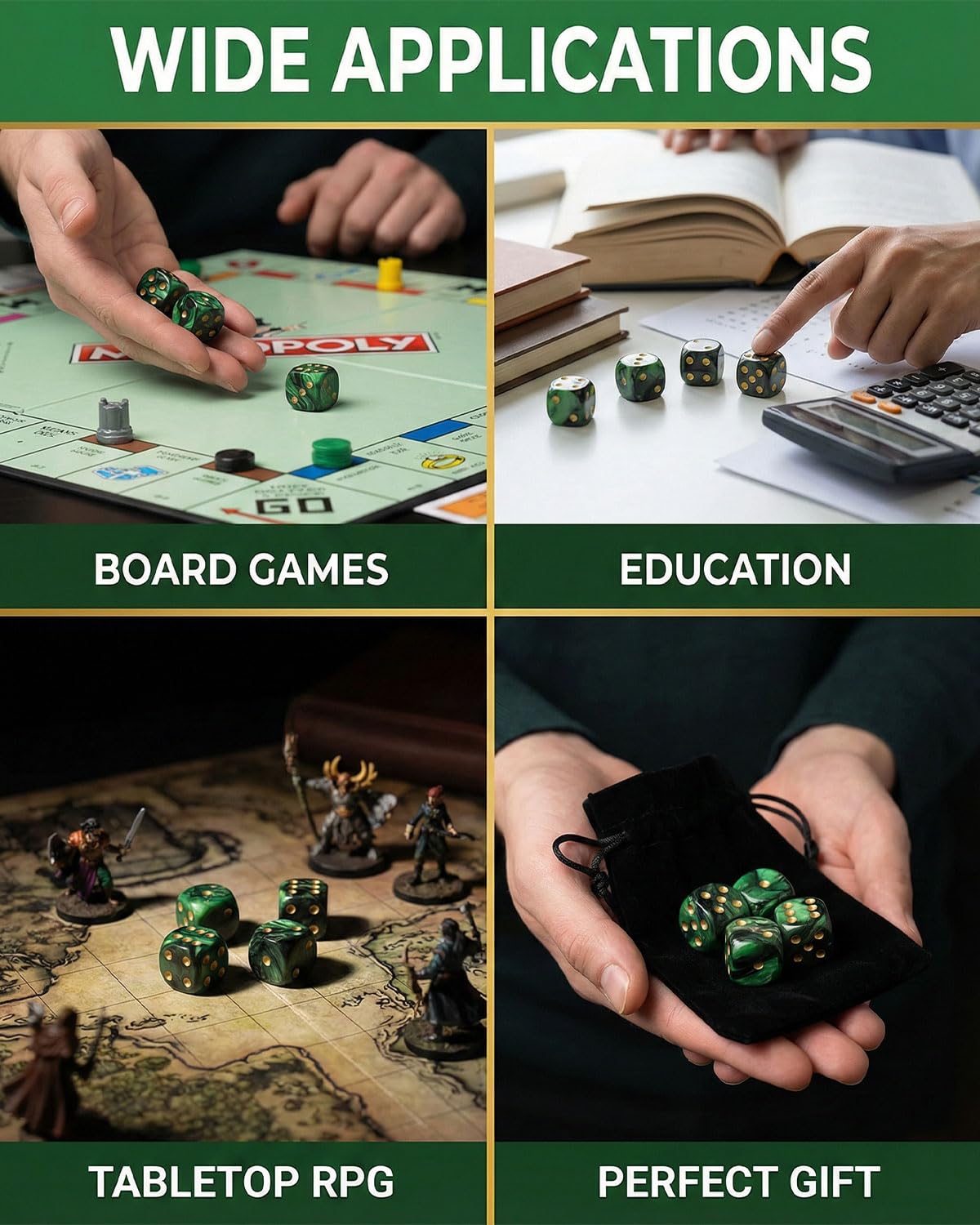 10 PCS Dados,16mm D6 Dados de Rol,Juego de Dado con Bolsa de Terciopelo para juegos de Rol,Mesa,Dice Football,Lecciones de Matemáticas(Negro-Verde)