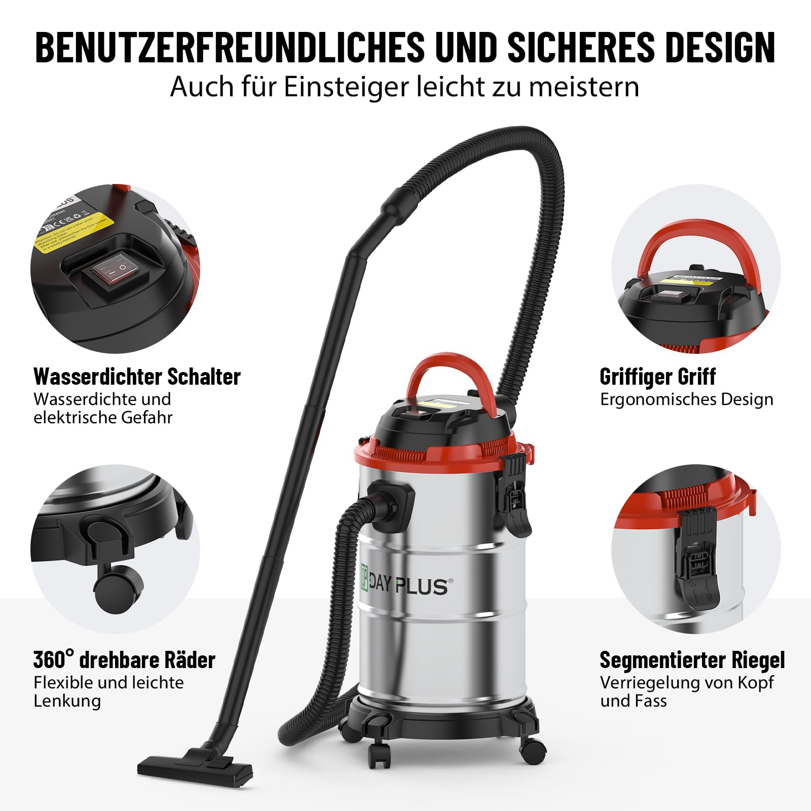DayPlus Aspirador Multifuncional húmedo y seco 1200W, Capacidad 18L, Manguera de 1,5M, 2 aspiradores, 1 Cepillo, Cable de 5m, fácil de Usar