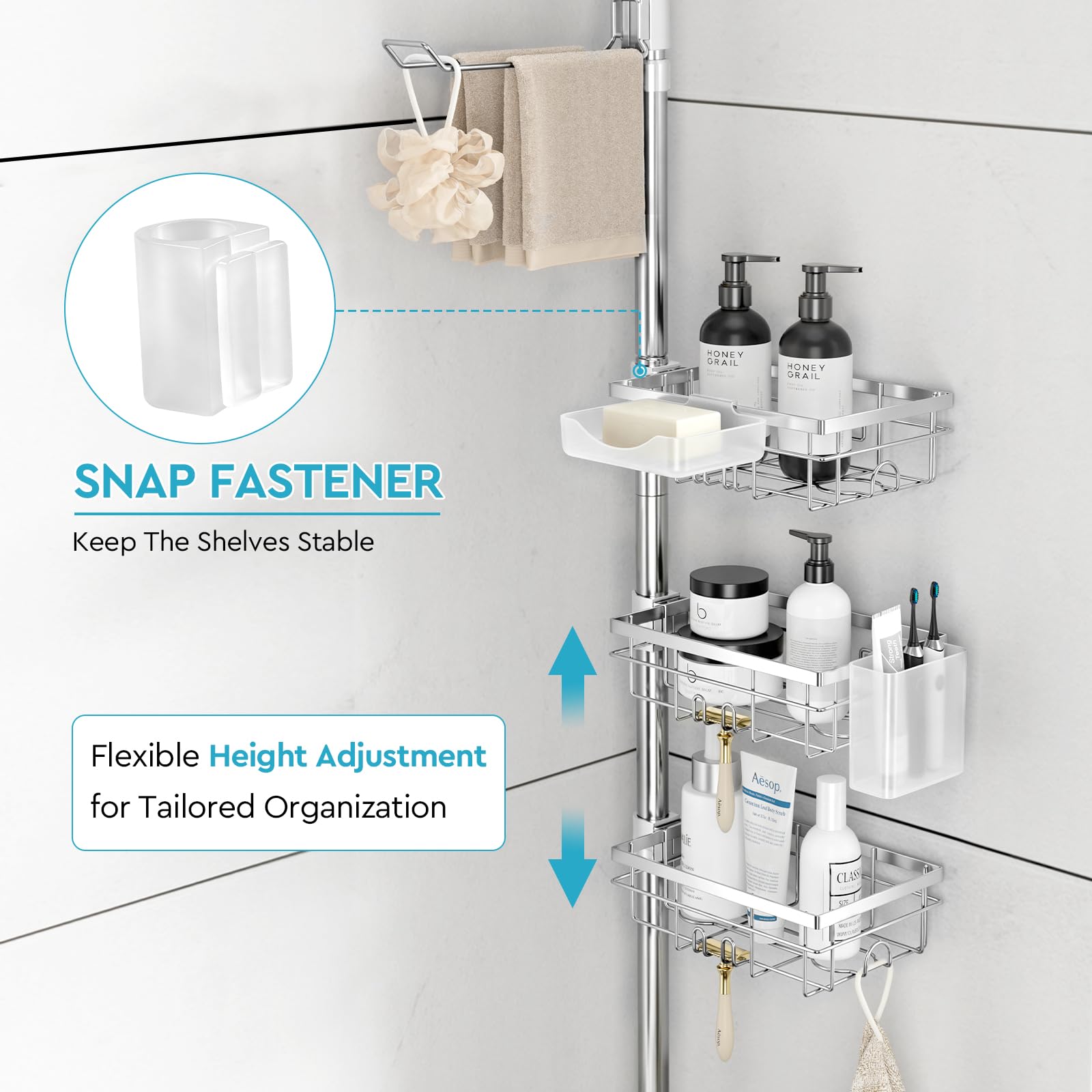 EXLECO Estantería telescópica para ducha con 7 estantes, sin agujeros, 78 – 308 cm, resistente a la oxidación, estantería de baño, estantería esquinera, organizador con barra para toallas, soporte