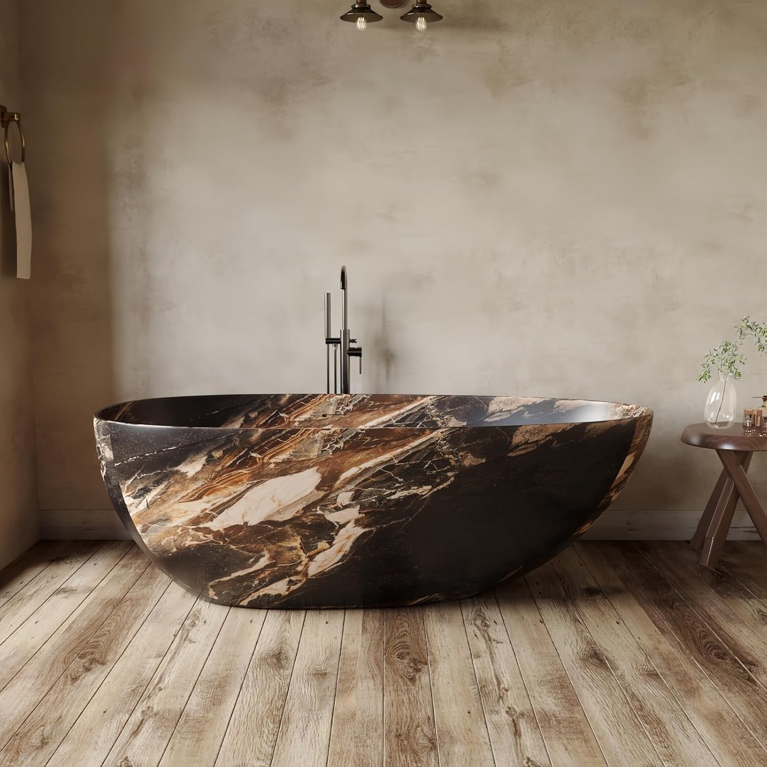 56" Edeyeu Freestanding Bathtub - Deep Soaking Tub with Engineered Stone Build, Ergonomic Backrest and Heat-Retaining Layers, Modern Solid Surface Bathtub for Luxury Home Spa Rock color C