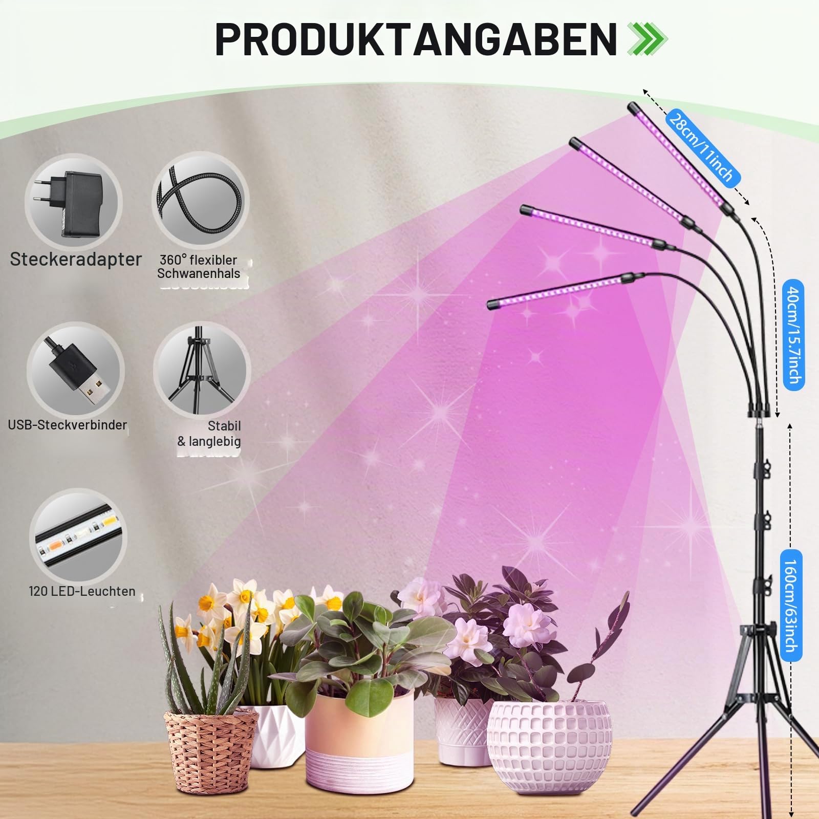 Anluomania Pflanzenlampe LED, 4 Heads Pflanzenleuchte, Pflanzenlicht Vollspektrum für Zimmerpflanzen, Grow Lampe mit USB Adapter, 3 Lichter Modi und 10 Helligkeitsstufen, 4/8/12H Auto Timer