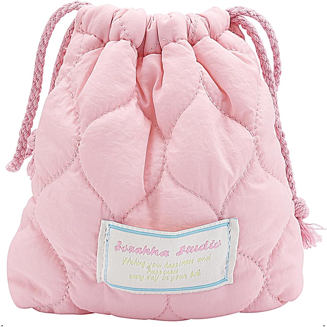 Cotton Quilted Drawstring Makeup Bag Small Cosmetic Bag Preppy Portable Toiletry Pouch for Purse Cute Pink Travel Organizer Bags Aesthetic Mini Storage Bags for Women Girls Kids Mama Gift