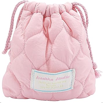 Cotton Quilted Drawstring Makeup Bag Small Cosmetic Bag Preppy Portable Toiletry Pouch for Purse Cute Pink Travel Organizer Bags Aesthetic Mini Storage Bags for Women Girls Kids Mama Gift