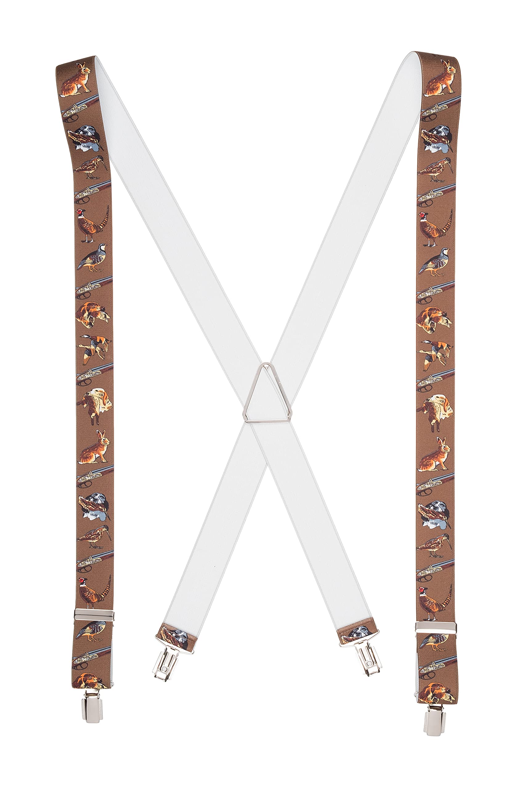 Bretelle per pantaloni da campagna, larghezza 35 mm, elastiche, 4 clip oro o argento, design e dimensioni assortite, per pesca, cervi, caccia, fagiani a tema