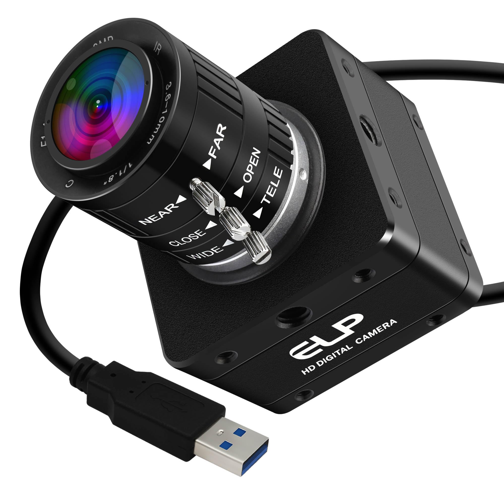 ELP Fotocamera industriale USB 3.0 da 20 MP, 4K UHD 3840P ad alta risoluzione con obiettivo zoom manuale 3x da 3,6-10 mm, frame rate alto 30 fps, webcam Lightburn, compatibile con Windows, Linux, Mac