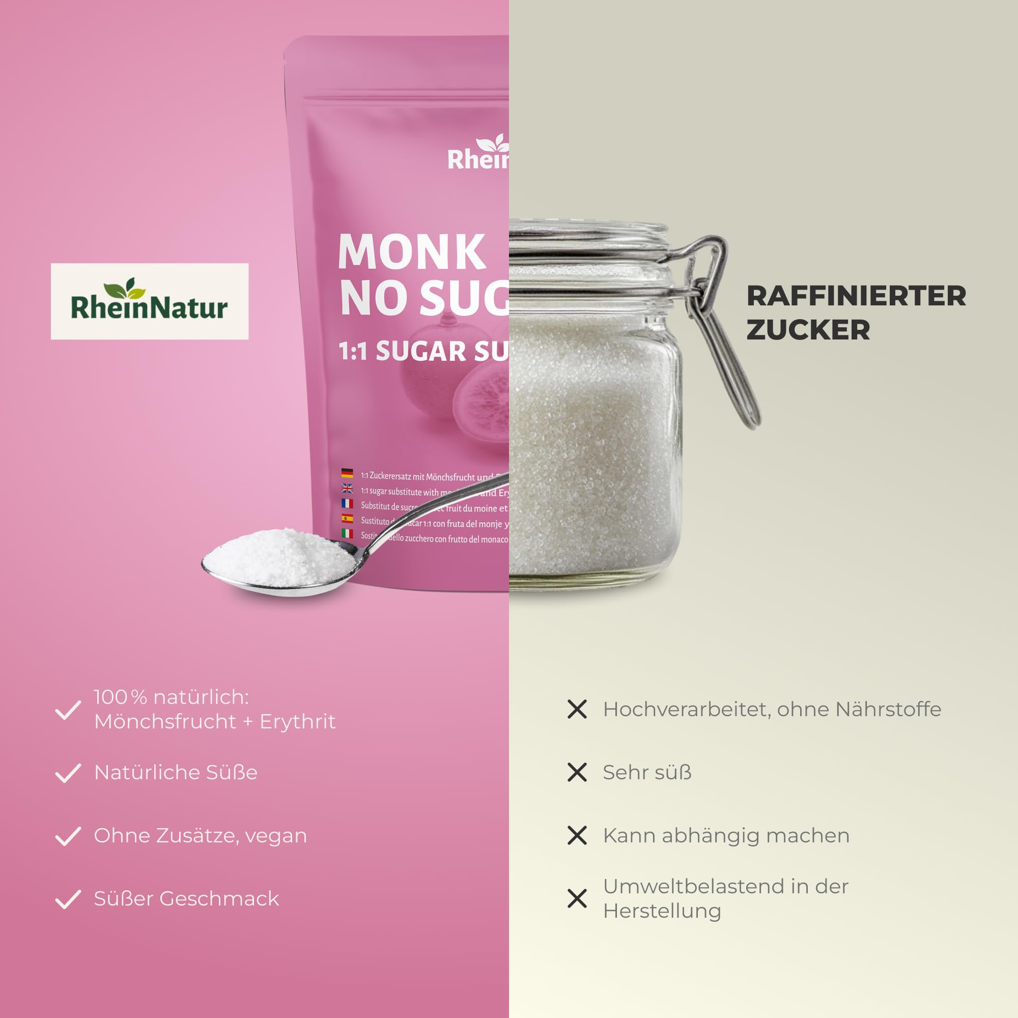 RheinNatur Mönchsfrucht Zuckerersatz 1 kg - 1:1 Ersatz für Zucker aus Mönchsfrucht & Erythrit - Vegan - 1000 g Beutel