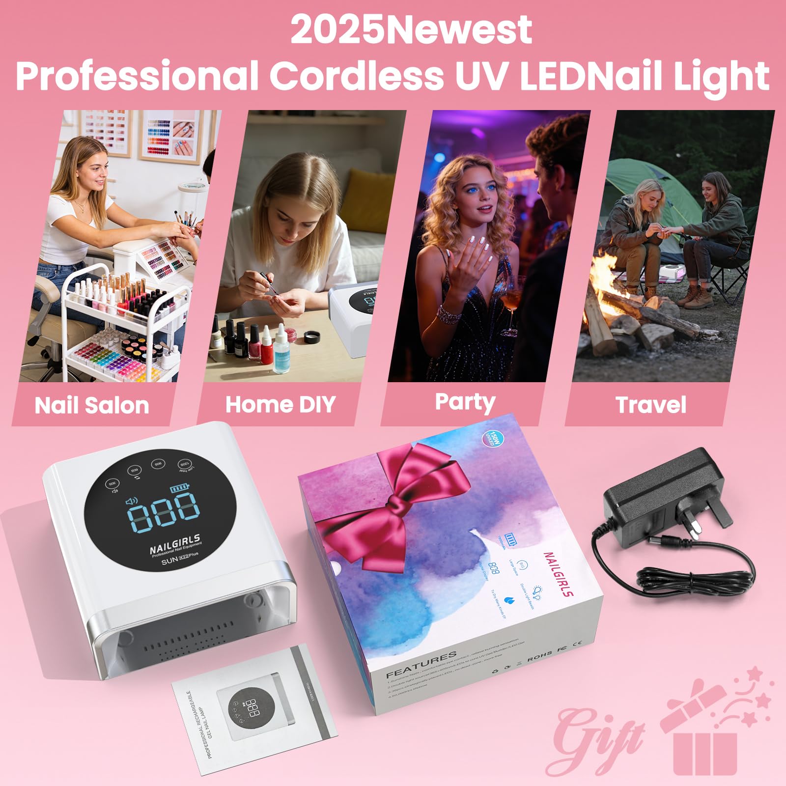 NAILGIRLS 150W Lampe à Ongles UV LED Sans Fil-Machine à Ongles Professionnelle de Salon à Durcissement Rapide avec 36 perles, Rechargeable pour L'utilisation à la Maison et au Salon