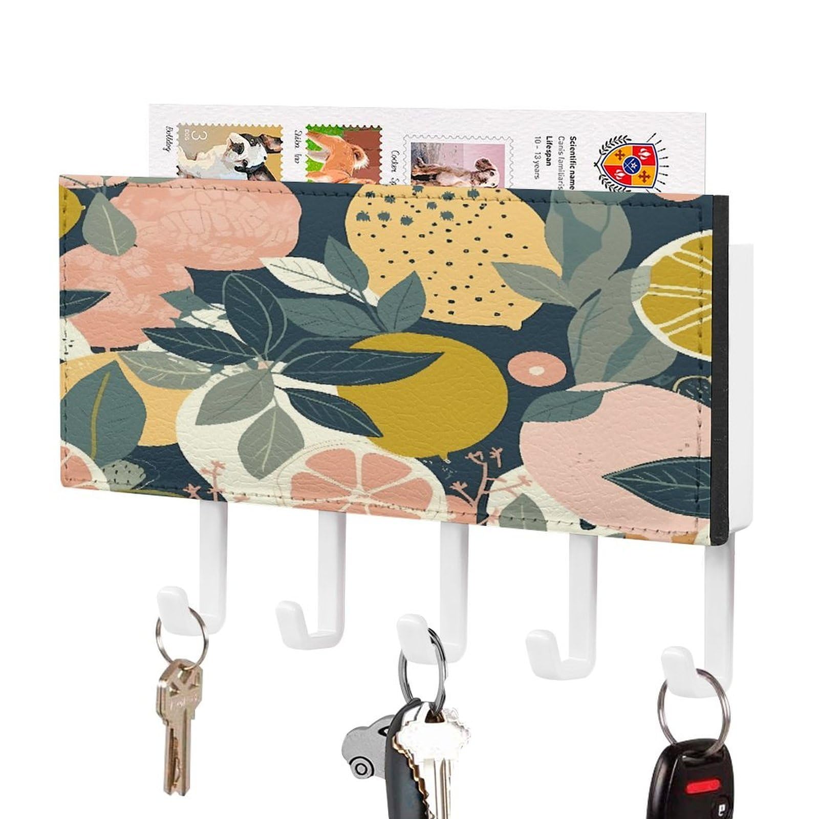 JTREHY Lemon Citrus Pattern Key Holder Wall Mount Decorative Key and Mail Holder PU Leather Adhesive Key Organizer Hanging Key Hooks Wall Shelf with 5 Hooks for Entryway Hallway Office