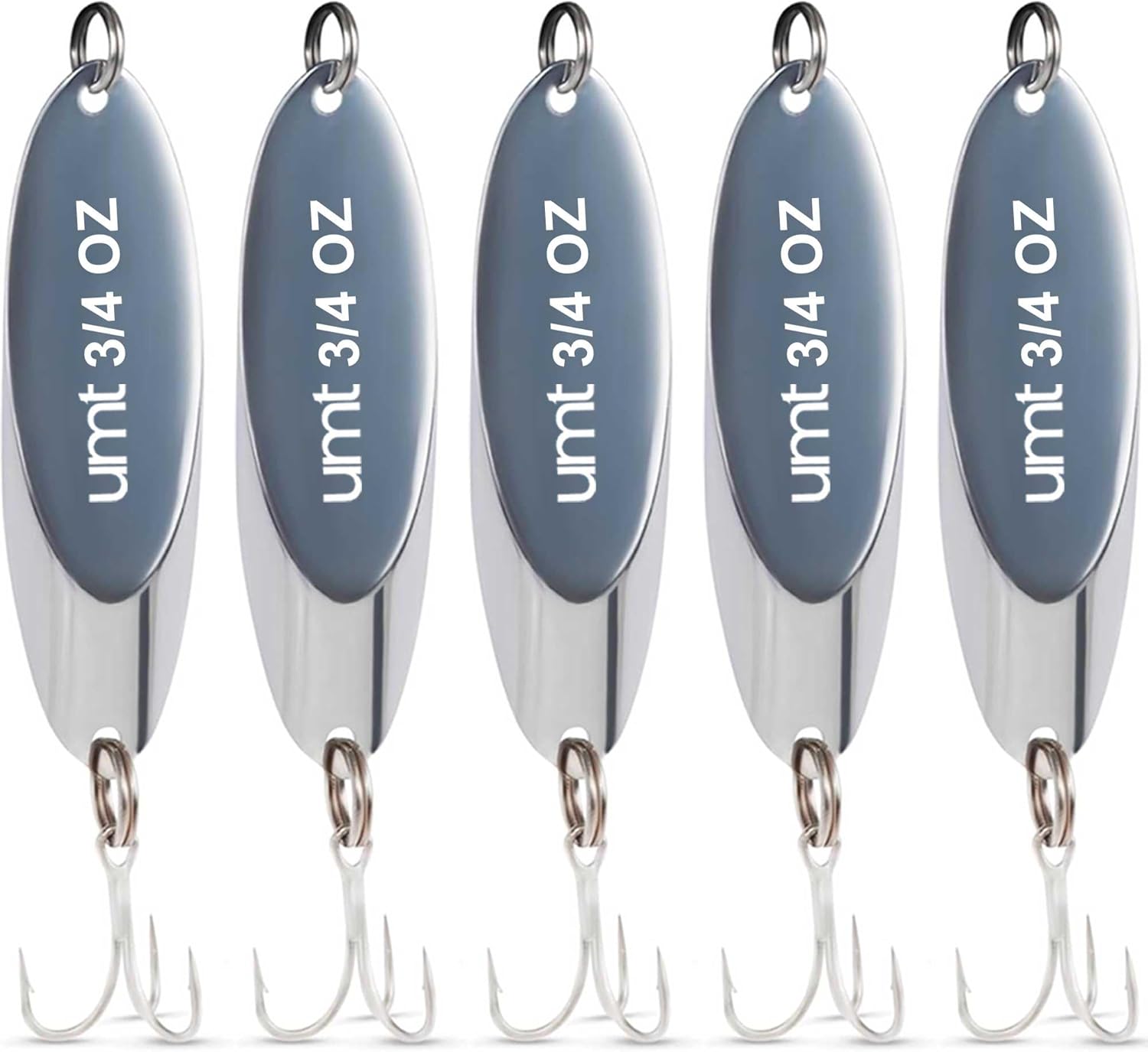 UMT Chrome Fishing Spoon Lure 3/4oz,1oz, 2oz – Super Sharp 3/0 Treble Hook for Freshwater & Saltwater Bluefish, Trout, Steelhead 1, 5, 10 Pack Options