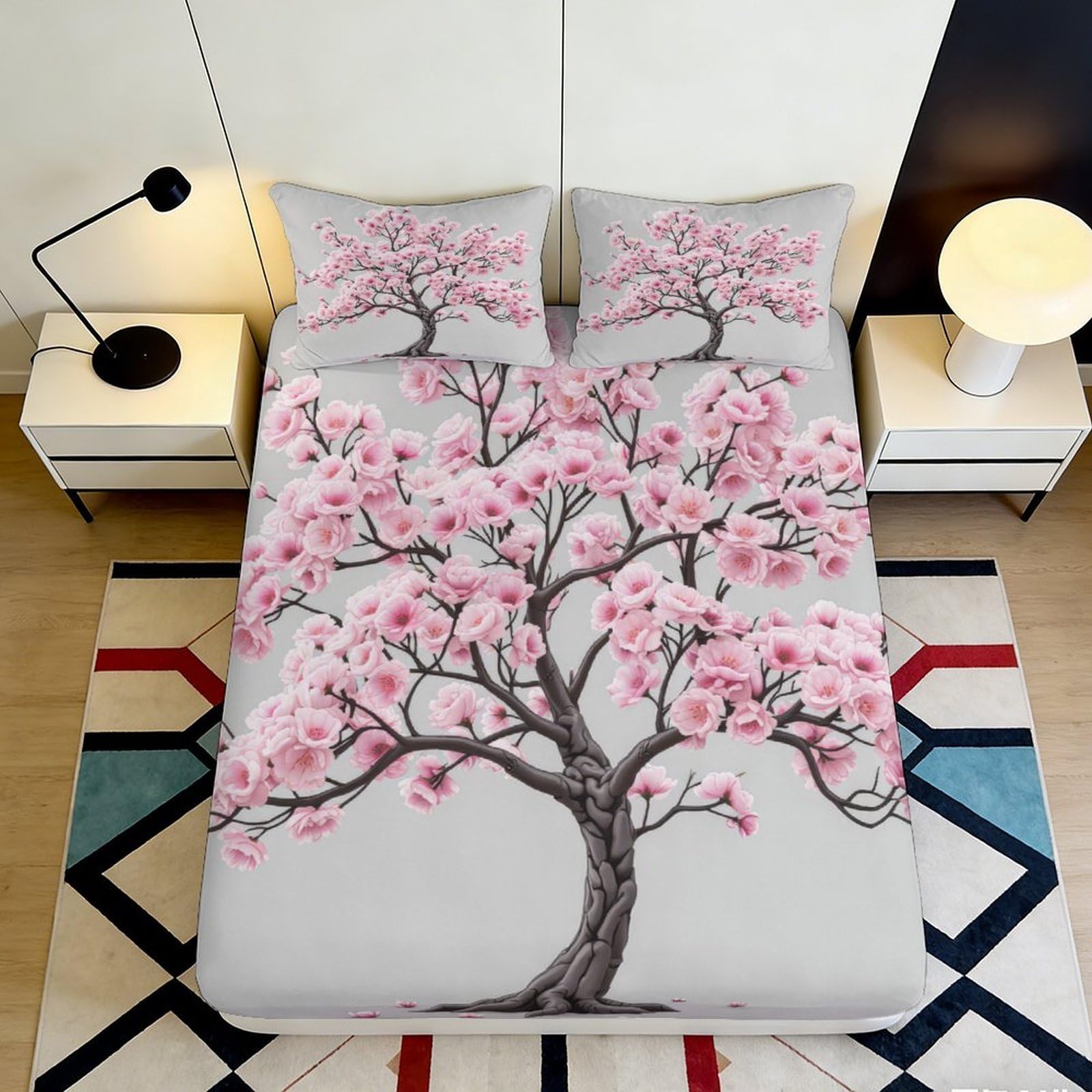 3D Printed Cherry Blossom Fitted Sheet Microfiber Deep Pocket Bedroom Bedding Cherry Blossom Mattress Fitted Cover Elastic Hem Non-Slip Wrap 90x200x25cm
