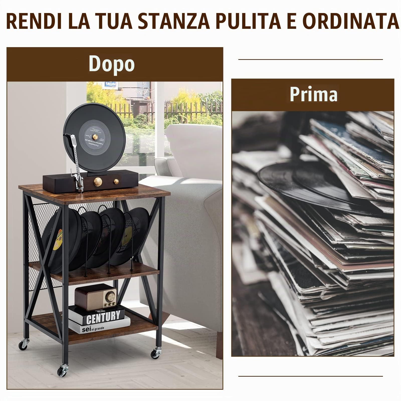 GIANTEX Mobiletto per Dischi con 3 Ripiani, Carrello in Ferro con 4 Ruote Rimovibili, Scaffale per CD e Libri, 52x45x75 cm