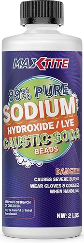 Hidróxido de sodio (cuentas de soda cáustica) Lye 99% pura (2 libras) Abridor limpiador de drenaje de lejía de grado alimenticio Contenedor de