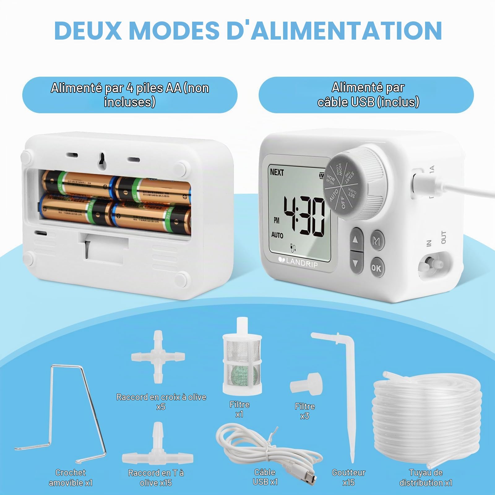 Landrip Système d'arrosage automatique - Arrosage automatique pour plantes d'intérieur - Idéal comme système d'irrigation de vacances pour jusqu'à 15 plantes en pot, parterre de fleurs, terrasse