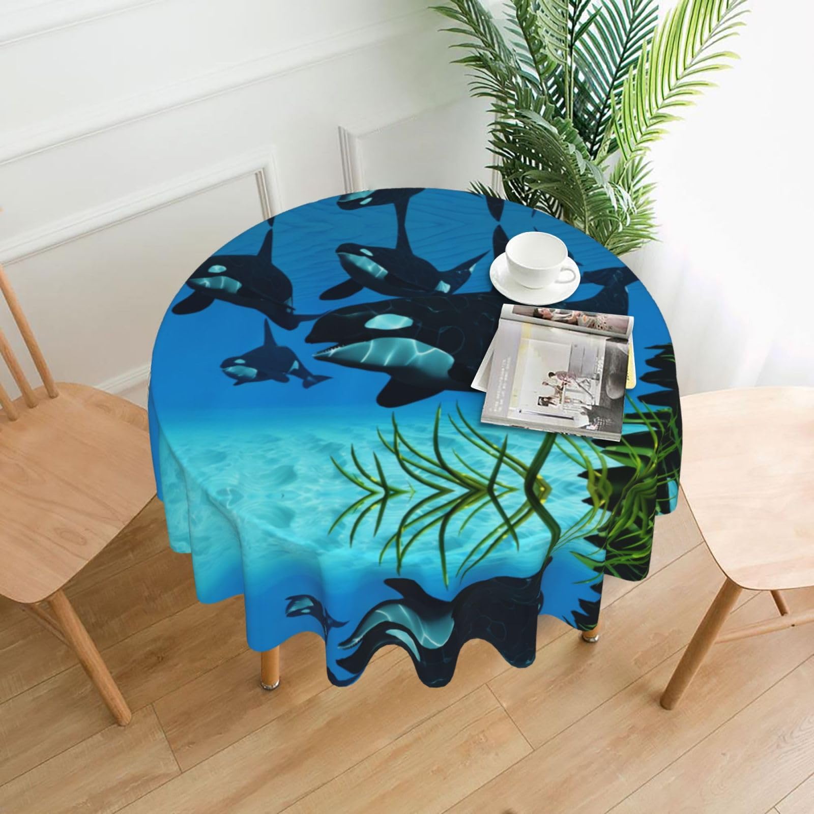 WHJSSF Killer Whales Swim Along Prints Round Decorative Table Throw 60 Inch – Waterproof Table Cover for Dining, Coffee Tables, and Outdoor Events