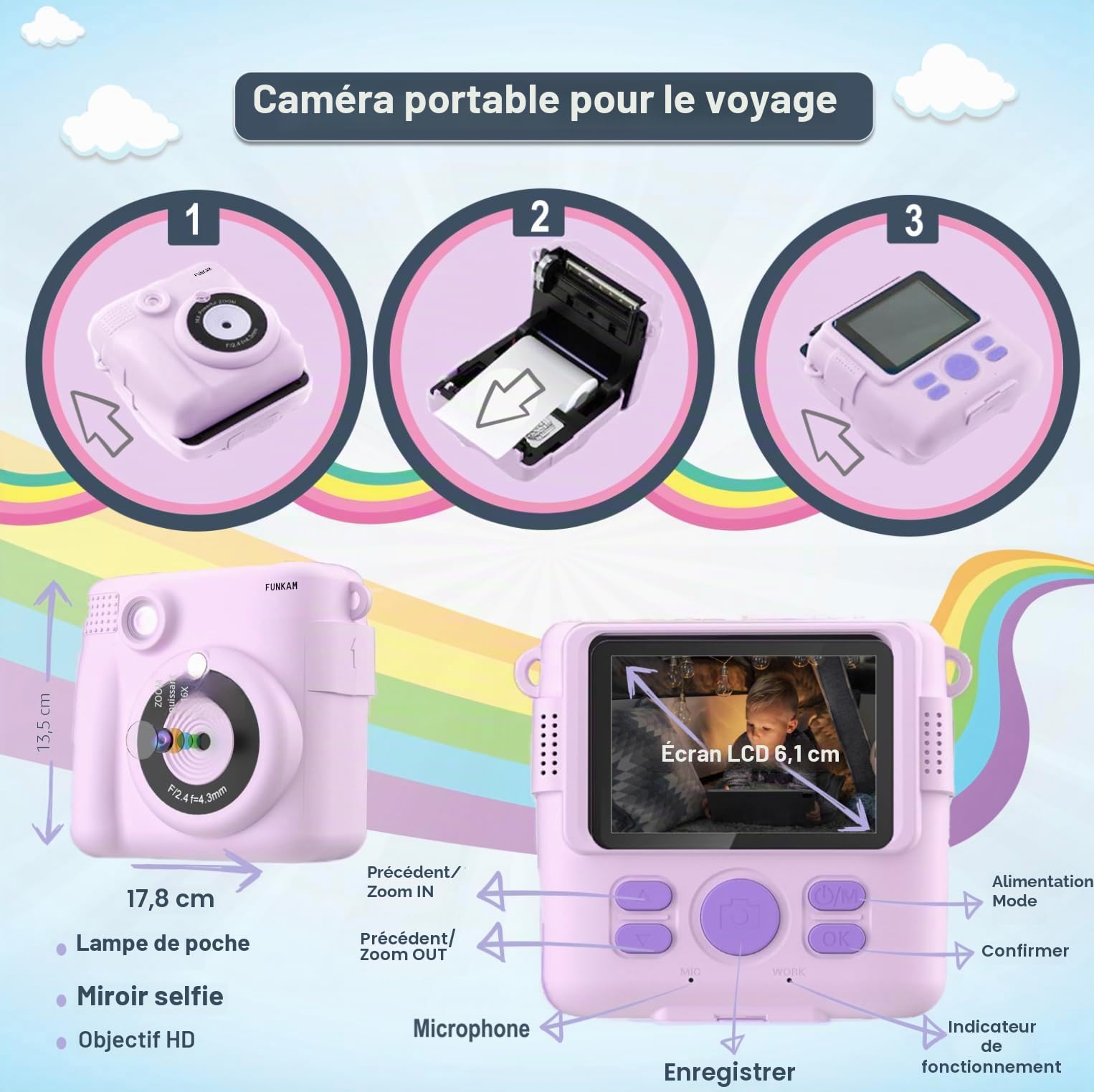 Appareil Photo Enfant Instantanée - 2,4" HD 1080P - avec Carte SD 32 GB, 5 Marqueurs, Autocollants, 5 Rouleaux de Papier, Pendentif. Appareil Photo Enfants et Filles de 3 à 14 Ans.
