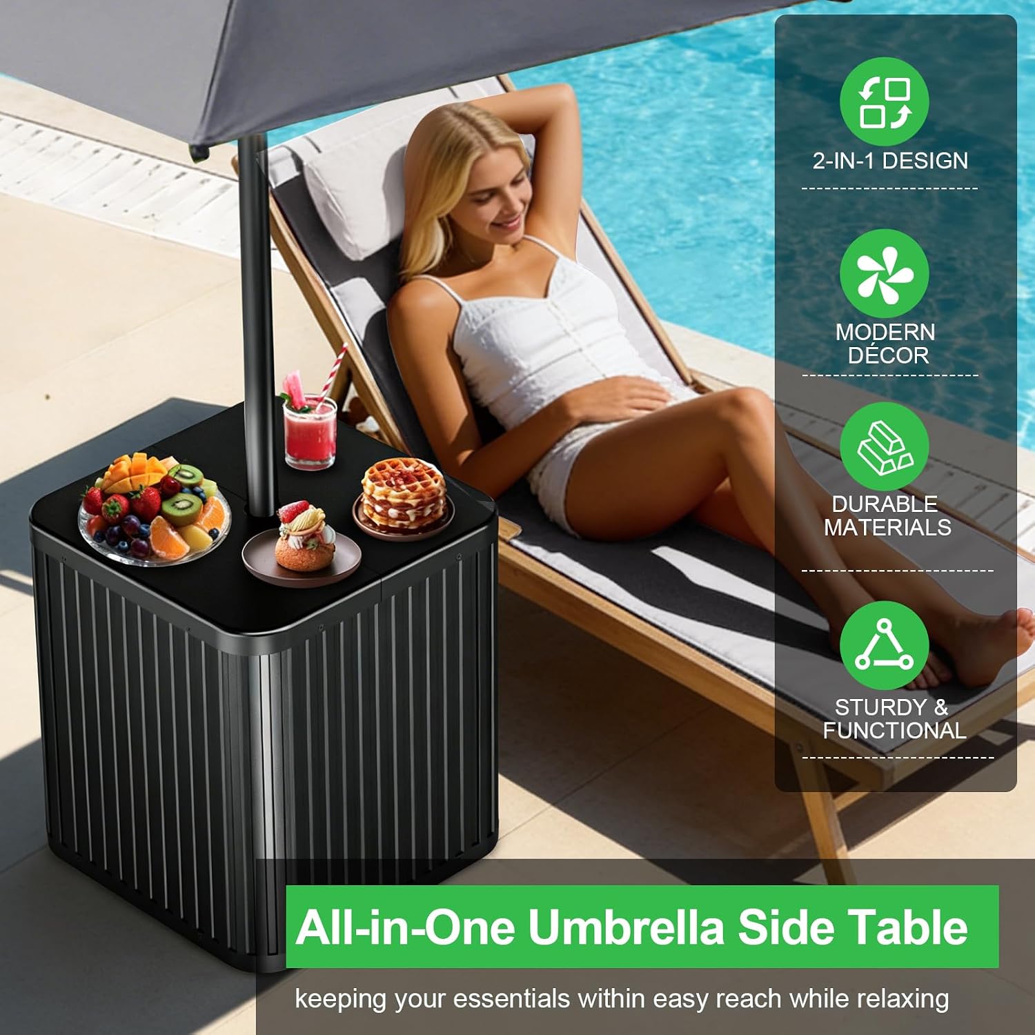 Outdoor Umbrella Side Table, 2 in 1 Outdoor Side Table with 1.5-1.6" Umbrella Hole, 16 Gallon Fillable Umbrella Base Stand Table, Square Modern Patio Side Table for Yard Porch Poolside Deck Balcony