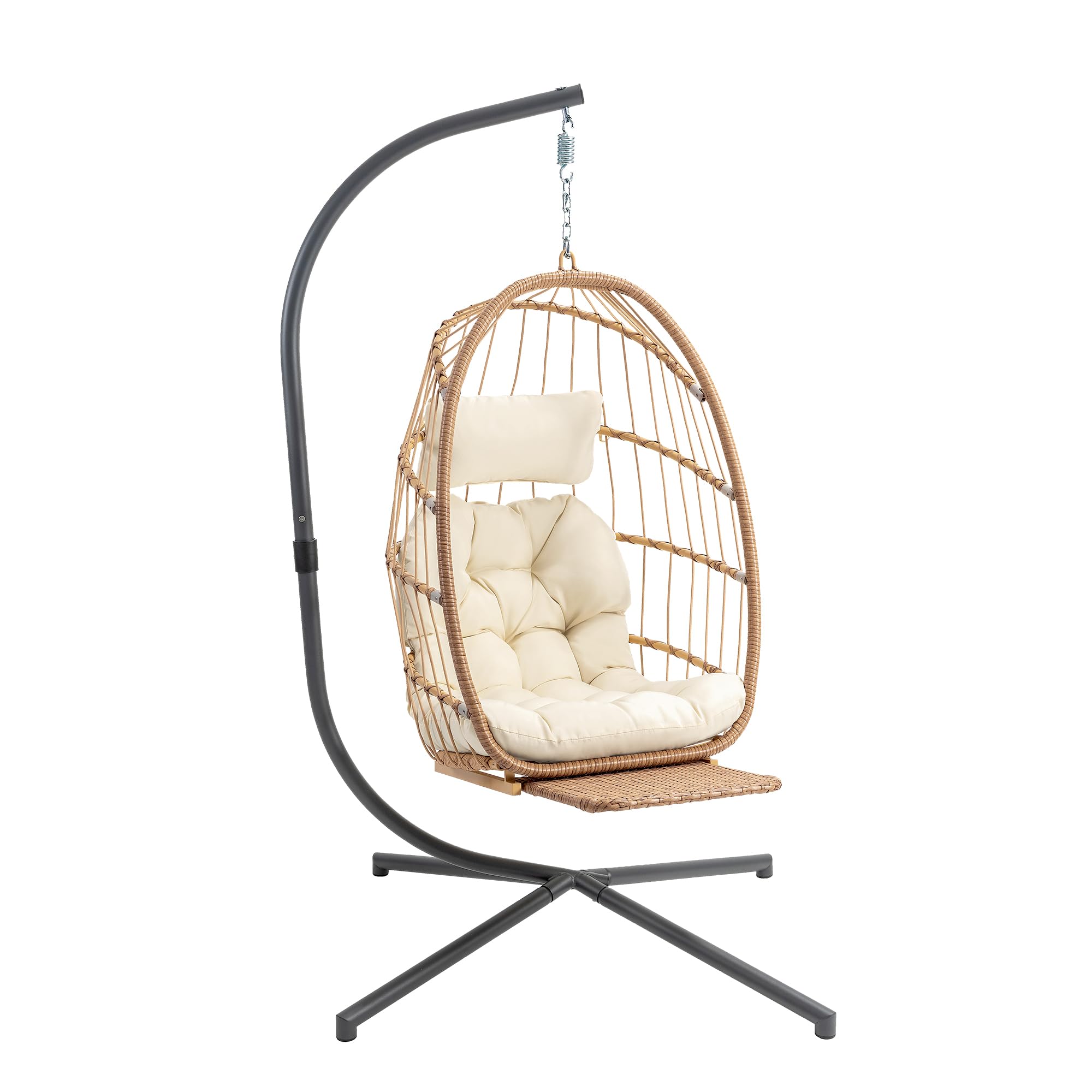Yechen Hanging Egg Chair with Stand and Footrest for Indoor Outdoor, Foldable Wicker Rattan Patio Egg Swing Chairs Hammock Egg Chair with UV Resistant