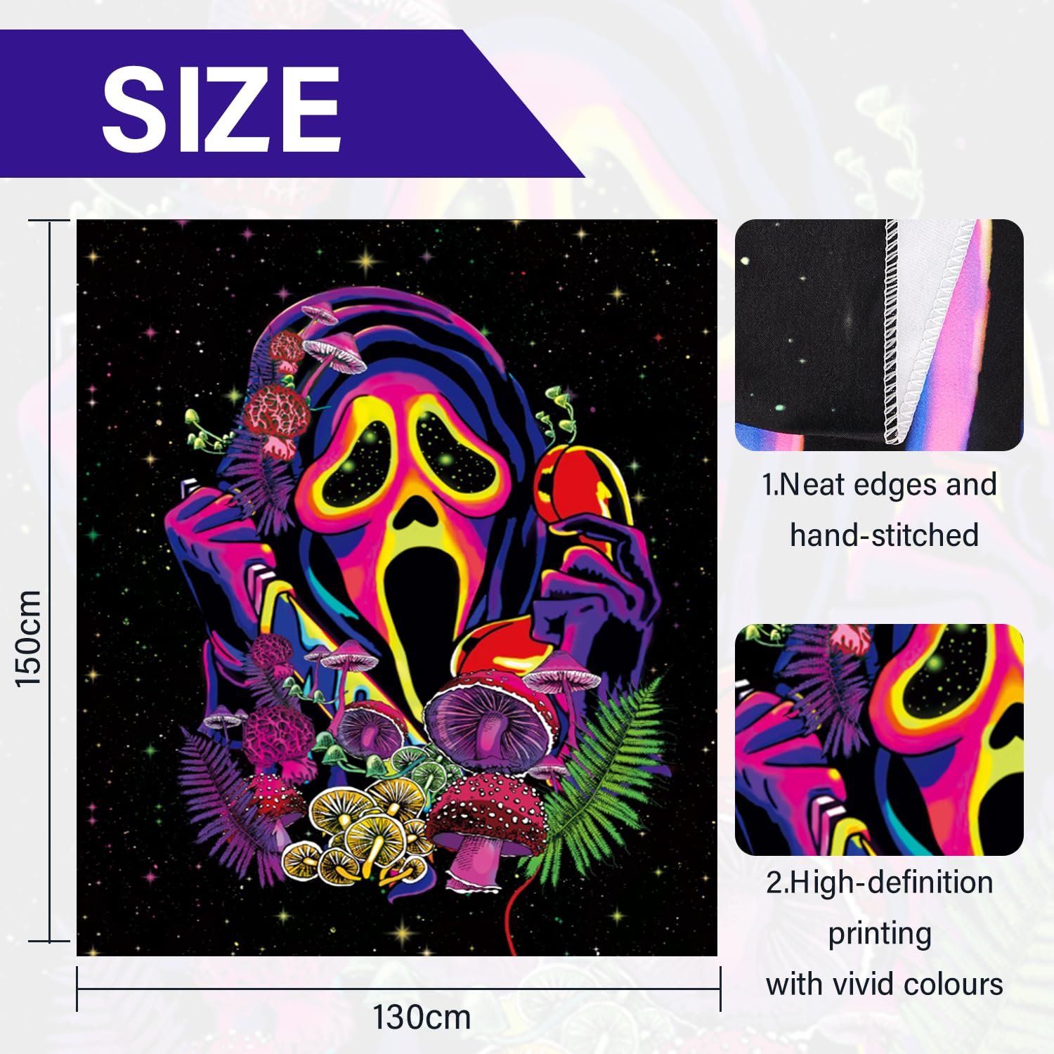 Cyiecw Arazzo Decorativo Da Parete 150x130 Cm - Motivo Fungo E Teschio Fluorescente Reattivo Ai Raggi UV, Per Camere, Soggiorni E Feste - 2