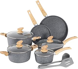 Kitchen Academy Pot and Pan Set 12-Piece Non-Stick Coating Cookware Set with Lid, Pots and Pans Set for Induction, Gas Hobs and Microwave, Grey