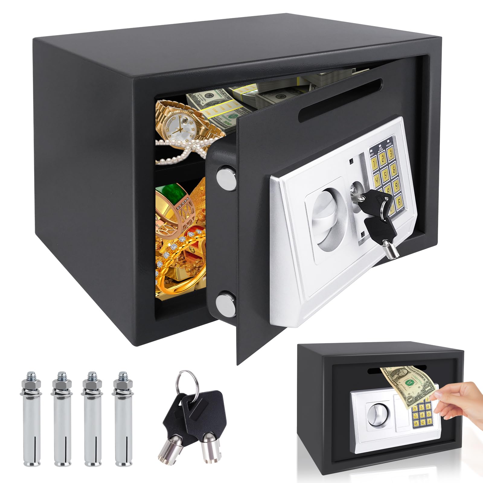 16L Electronic Digital Safe Box, Fireproof Security Box Home Office Money Cash Jewelry Steel Safety Box with 2 keys, Wall Mounted Mini Safe for Home Office Hotel, Black, 35 x 25 x 25 cm