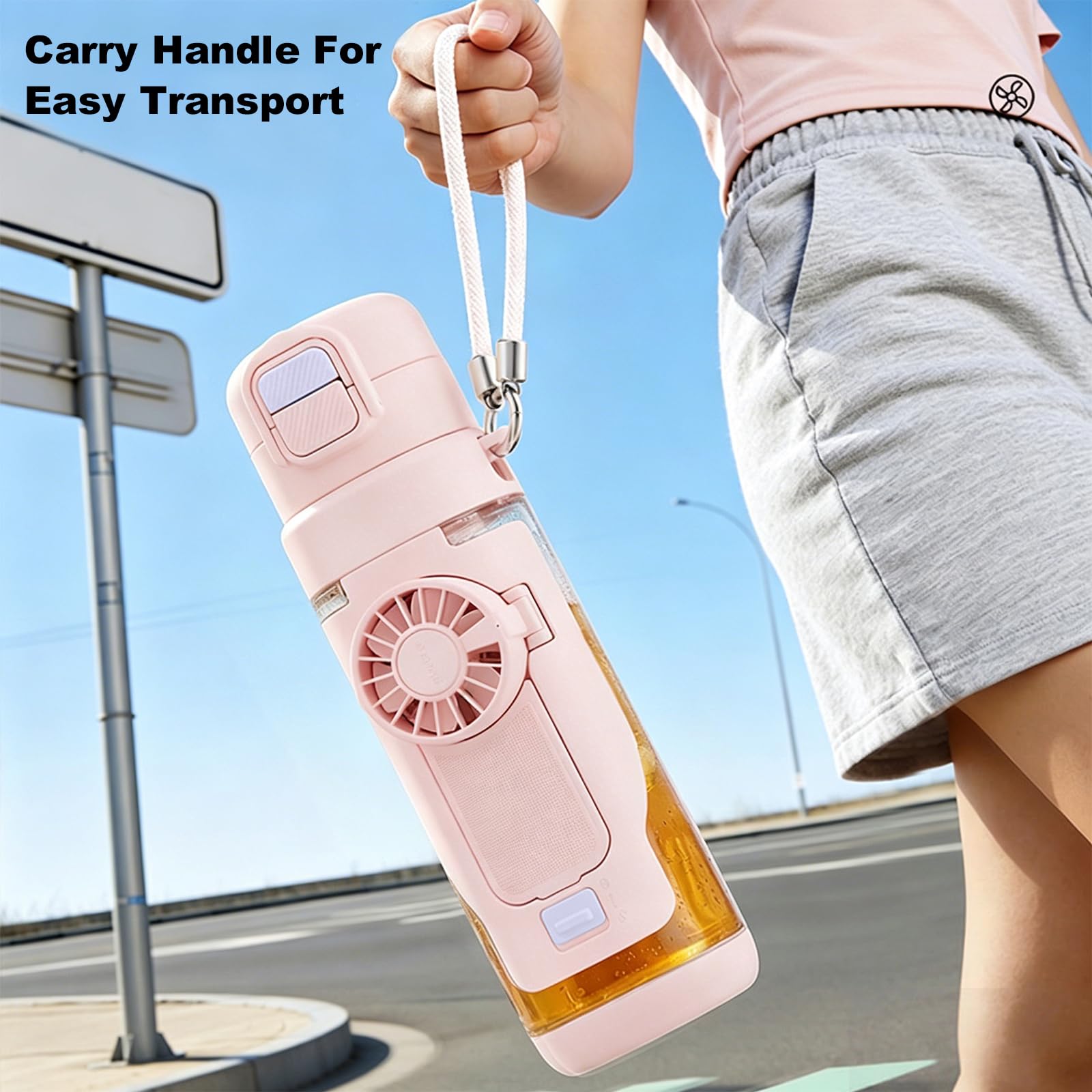 2-in-1 Sommer-Trinkbecher mit abnehmbarem 3-Gang-Handventilator, transparent, kreativ, auslaufsicher, Wasserbecher für Outdoor, Fitnessstudio, Reisen