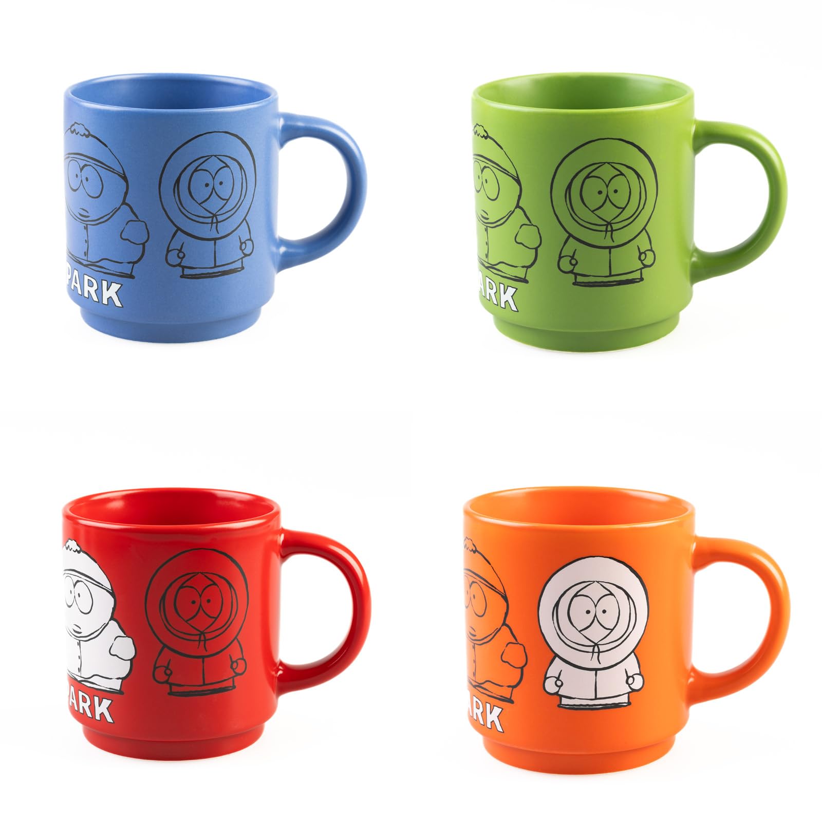 Grupo Erik South Park Set 4 Tazze 300 ml | Set Tazze Colazione Porcellana | Impilabili, con Supporto Metallico, Adatte Lavastoviglie e Microonde, Tazzine Caffè Particolari, Idee Regalo